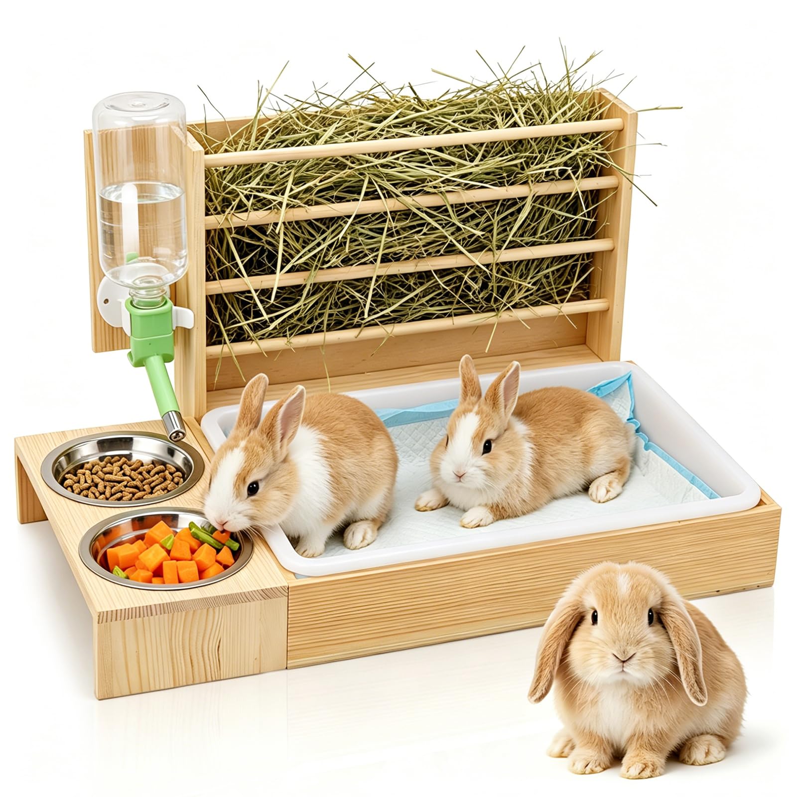 4 in 1 Rabbit Hay Feeder with Litter Box, Anti-Corrosion Wooden Bunny Litter Tray with Freely Movable Bowls & Water Bottle, Easy Assemble Guinea Pig Cage Accessories