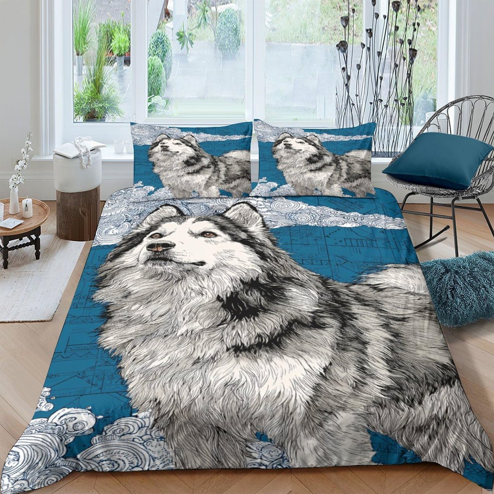 GPLZQXKJNH 3D Printed Wolf Mountain Duvet Cover Microfiber Soft Breathable Forest Bedding Set with 2 Pillowcases for Bedroom Decor Single（135x200cm）