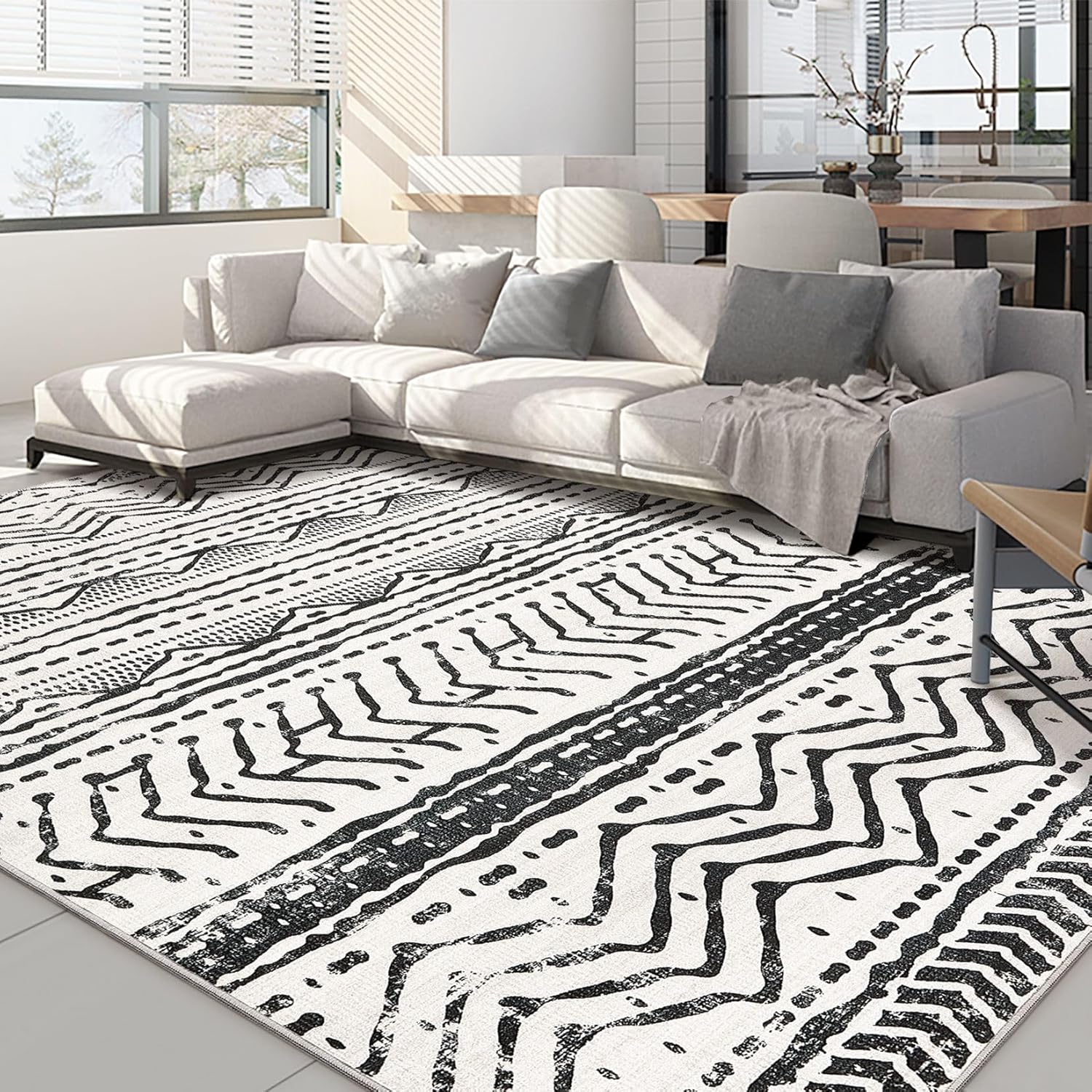 Nakagishi Black Rug Living Room 5X7: Washable Boho Large Neutral Soft Rug Modern Stain Resistant Moroccan Indoor Non-Slip Carpet for Bedroom Kids Playroom Office Dining Room Classroom Dorm Ivory Black 5' x 7' (Rectangular)
