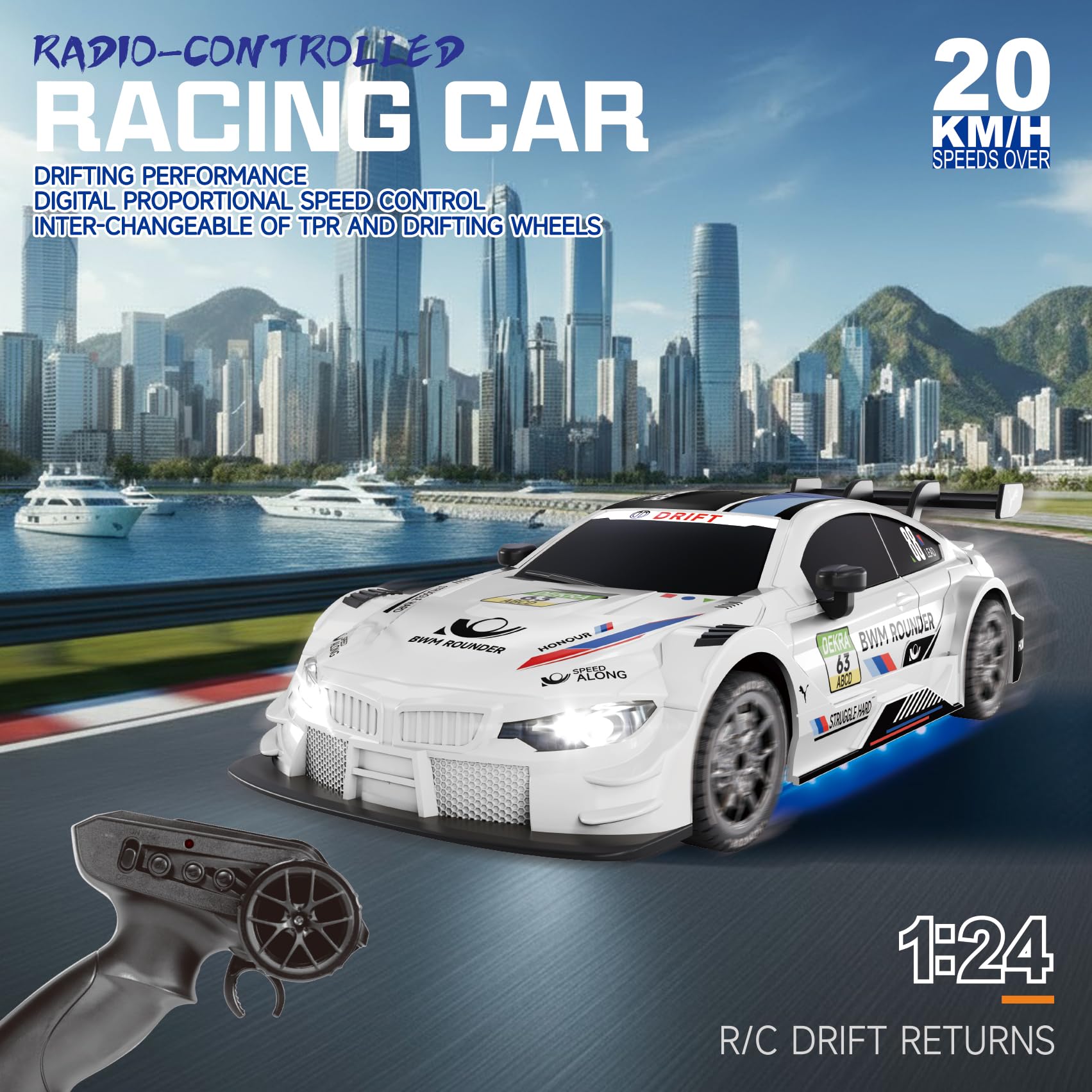 Ferngesteuertes Auto 1:24 Scale Drift Car 4WD 2.4GHz RC Drift Auto 20KM/H Hohe Geschwindigkeit Rennwagen mit Zwei Batterien, LED-Leuchten