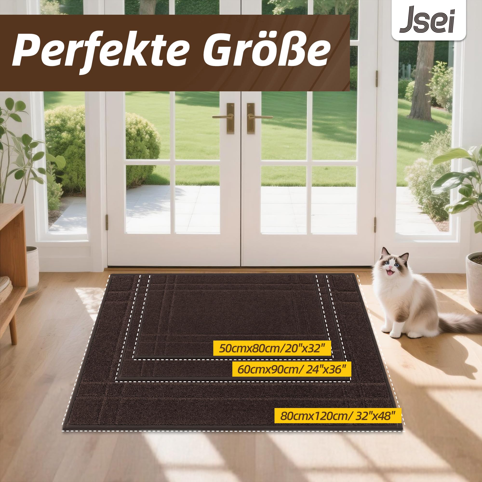 JSEI Schmutzfangmatte Innen – Geruchsfrei & Für Fußbodenheizung Geeignet | Fussmatte für Hund, rutschfest & Waschbar, 50 x 80 cm, Braun