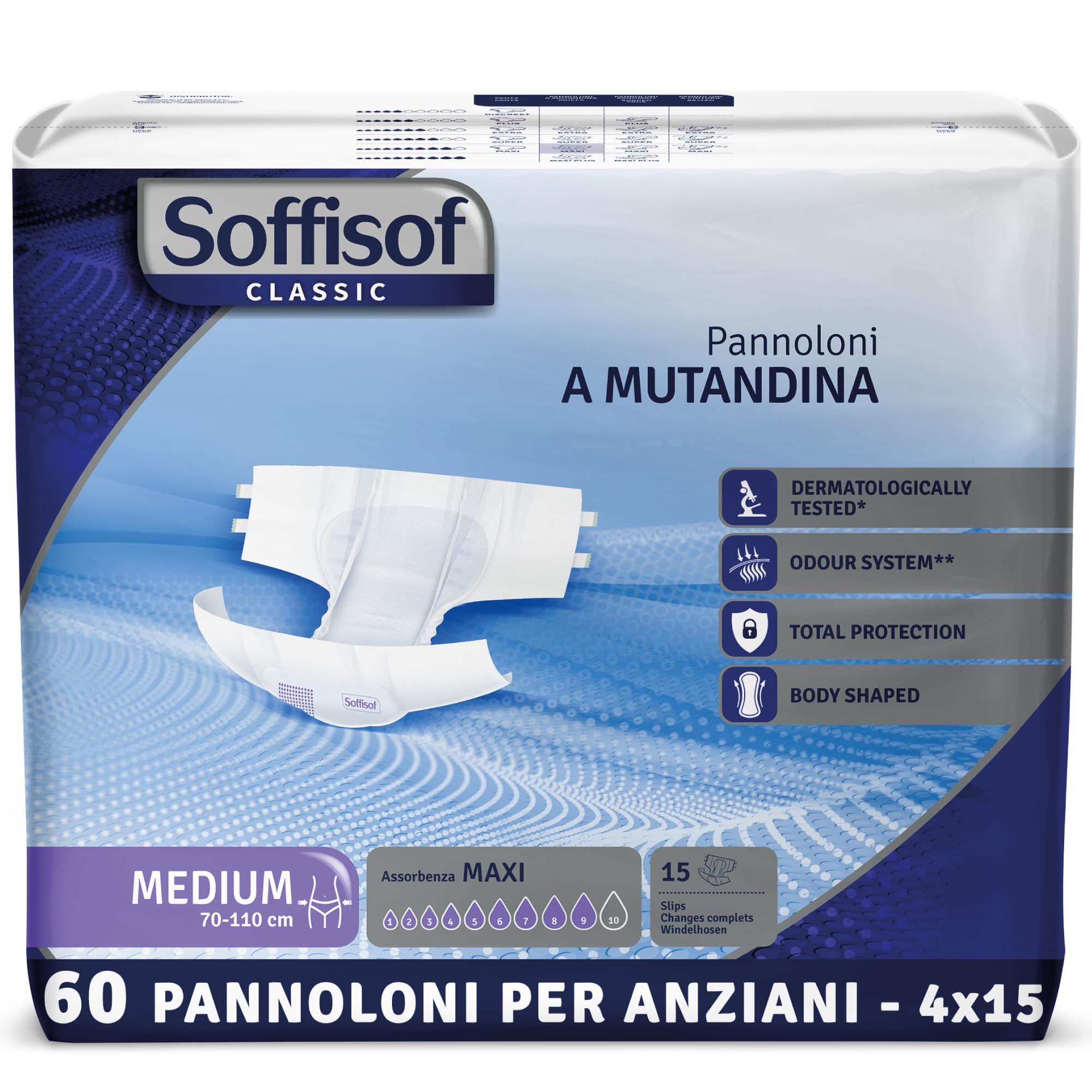 Soffisof Classic Pannoloni con Adesivi Maxi M - 60x Pannoloni per Anziani a Mutandina - 4 Confezioni da 15 Pezzi, Assorbenza fino a 9 Gocce - Ausili Incontinenza Uomo e Donna