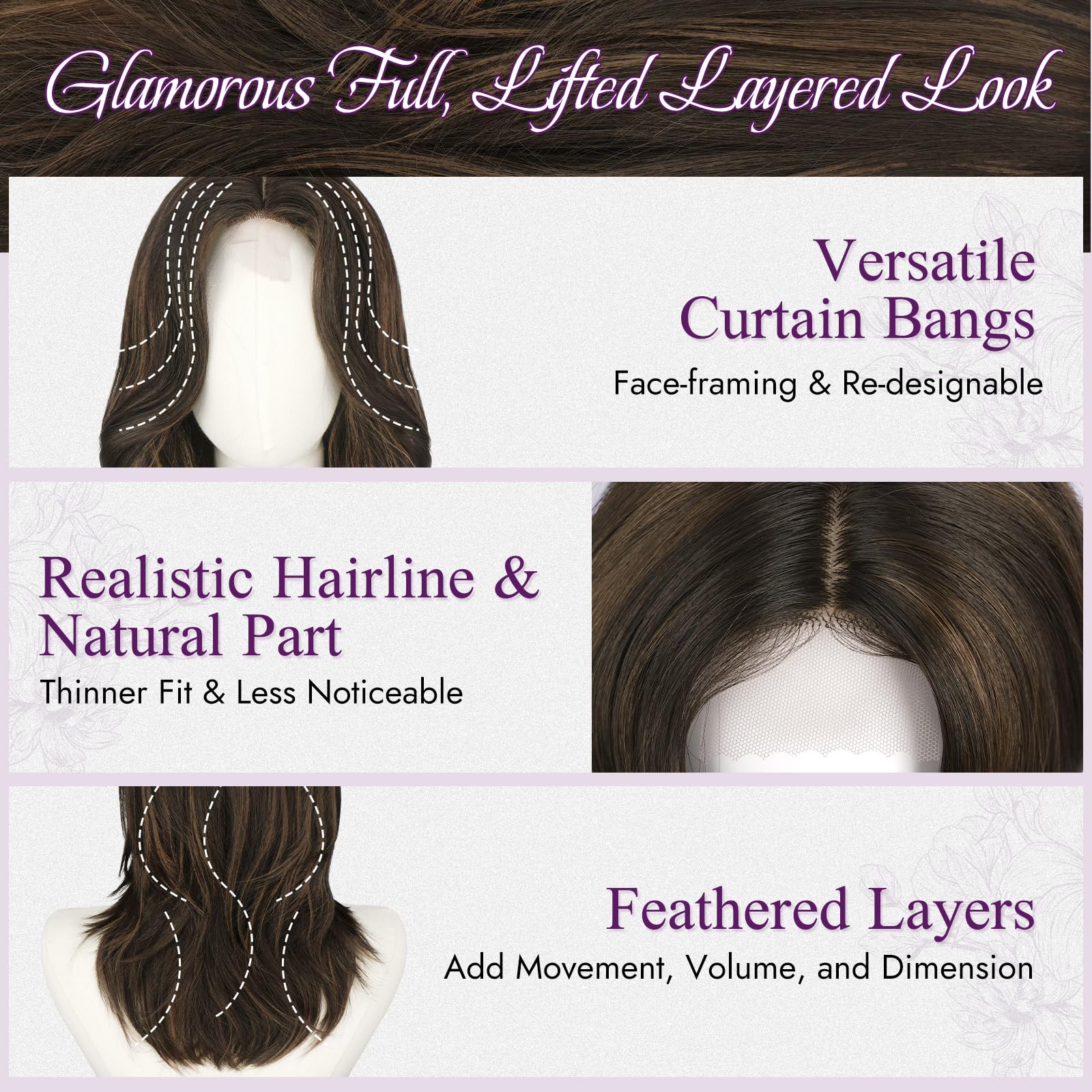 BARSDAR Negro Marrón Highlight Layered Peluca, Shoulder Longitud Liso Layered Pelucas para Mujeres Media Longitud Butterfly Face-Framing Curtain Bangs Peluca Sintética Aspecto Natural Pelucas de Pelo