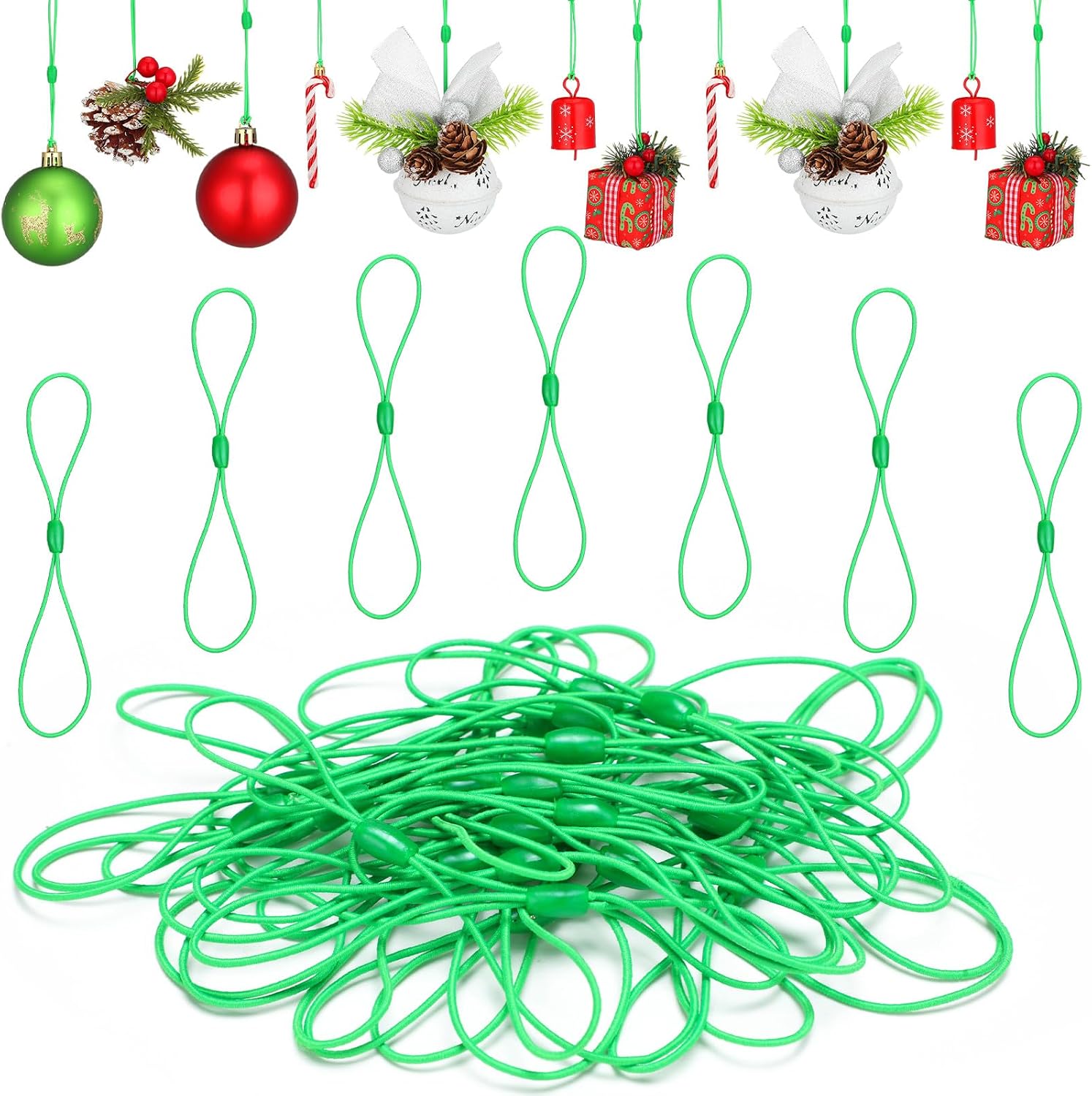Cinnvoice 24 Pcs Christmas Ornament Hooks for Hanging Decorations Green Non Slip Hanging Hooks Adjustable Christmas Tree Ornament Hangers Anti Collision String for Xmas Holiday Party Decor