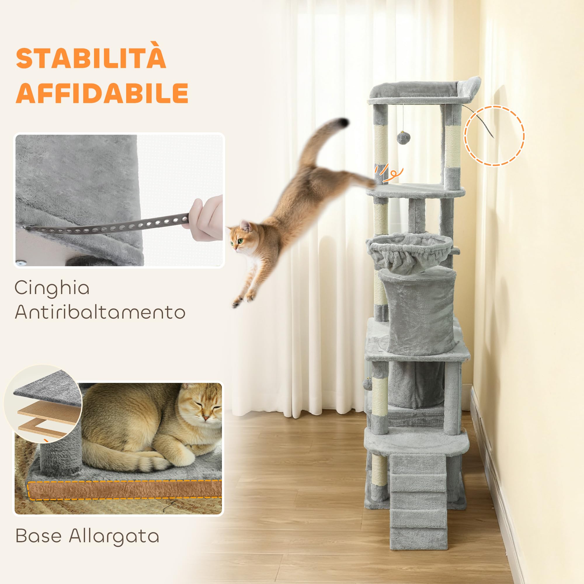 PawHut Albero Tiragraffi per Gatti Multilivello Alto 170 cm Grigio Chiaro | 7 Pali Graffiatoi, 2 Grotte, Piattaforme, Lettino, Amaca, 2 Pompon, Scala, Tunnel, Torre Gattini, Peluche, Gatti Adulti