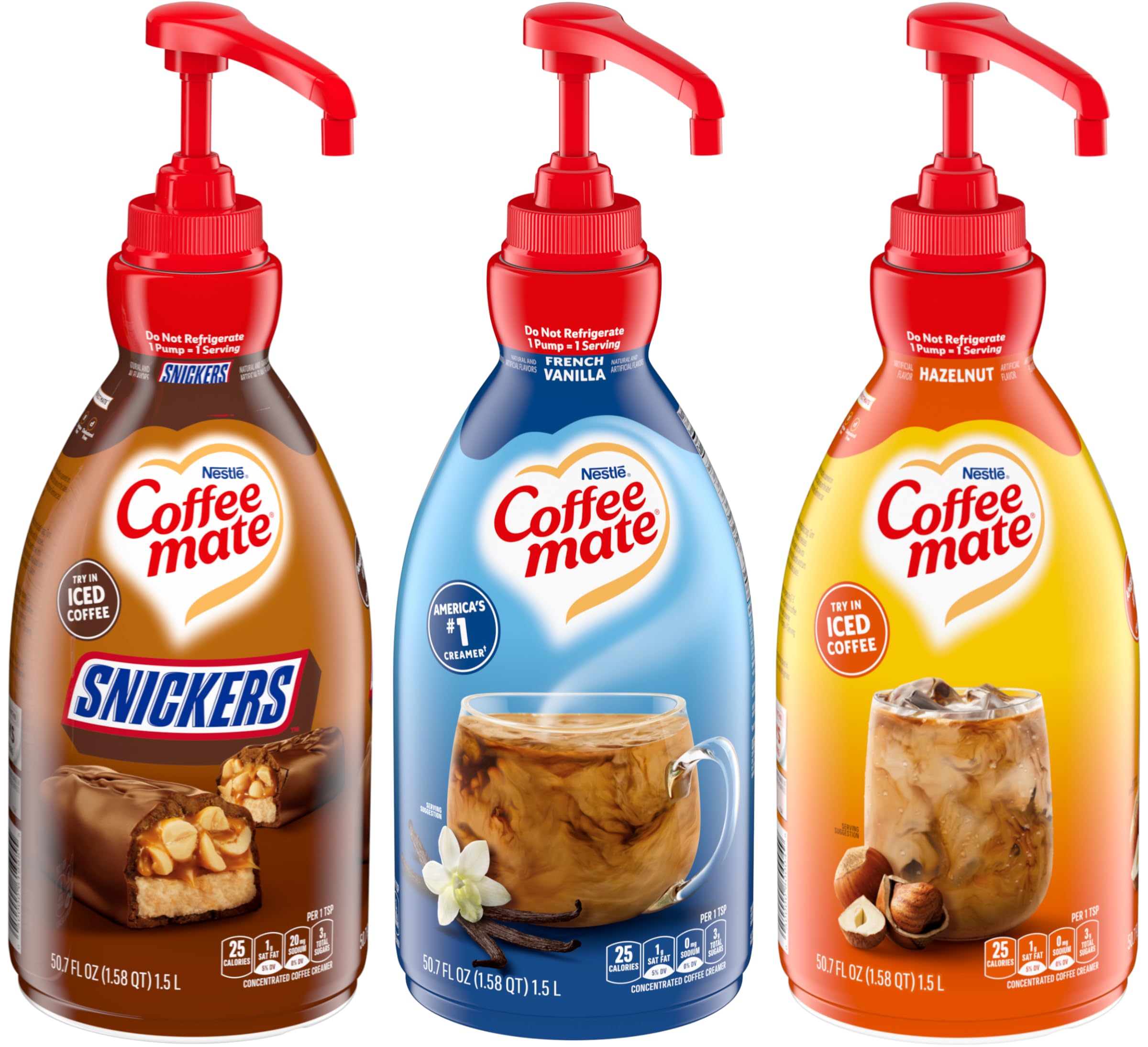 Coffee Mate Snickers,FV,Hazelnut / 50.72 Fl Oz (Pack of 3) / 3 Plant-Based Coffee Creamers