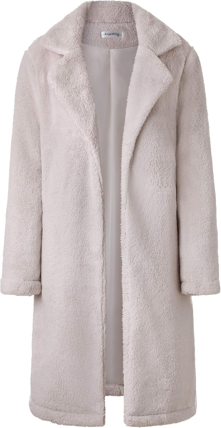 Angashion Women's Fuzzy Fleece Lapel Open Front Long Cardigan Coat Faux Fur Warm Winter Outwear Jackets at  Women's Coats Shop