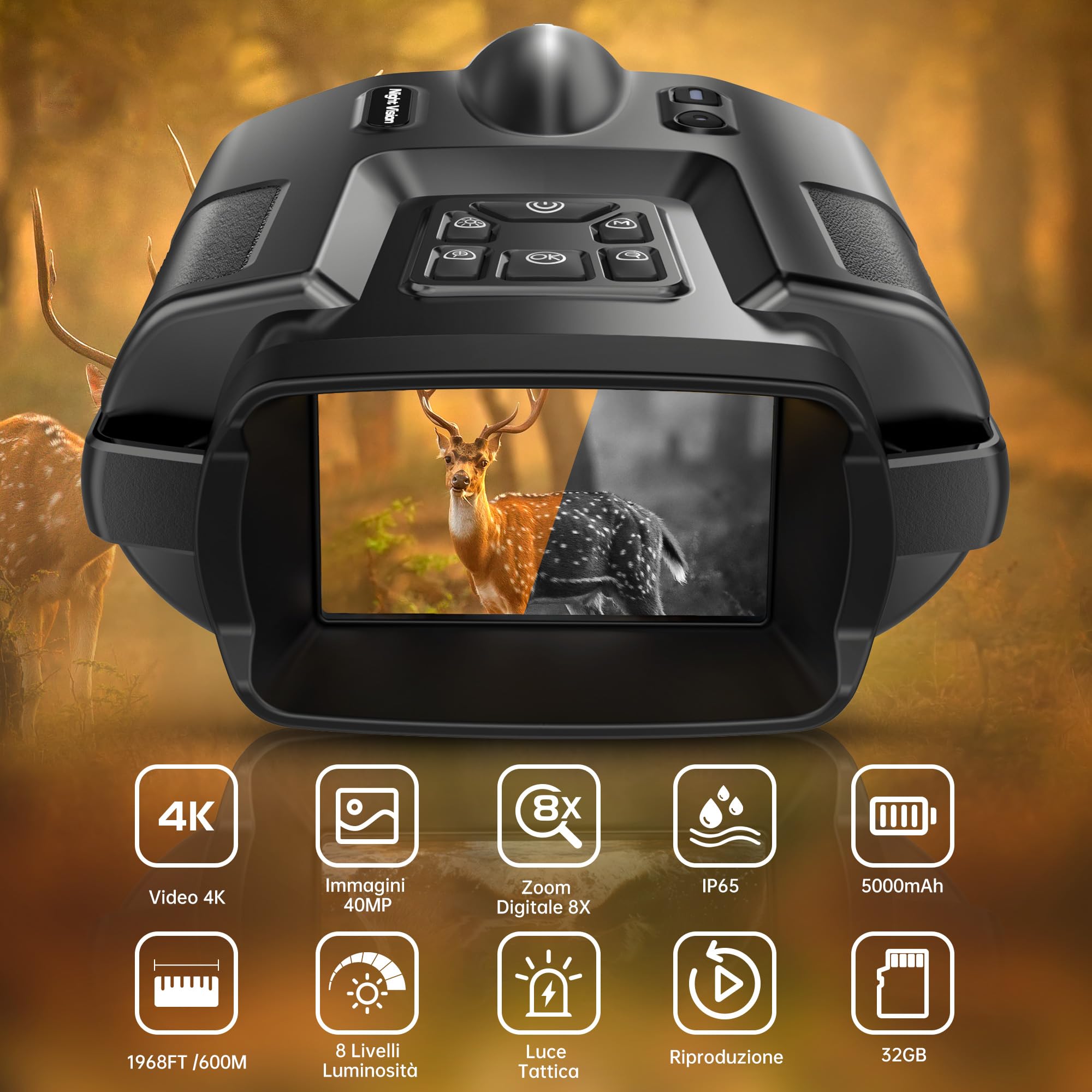 tkwser - Dispositivo per la visione notturna, 4 K, 8 X, digitale, visione notturna a infrarossi, 5000 mAh, distanza visiva, 600 m, schermo TFT UHD da 3”, impermeabilità IP65, per la caccia e il