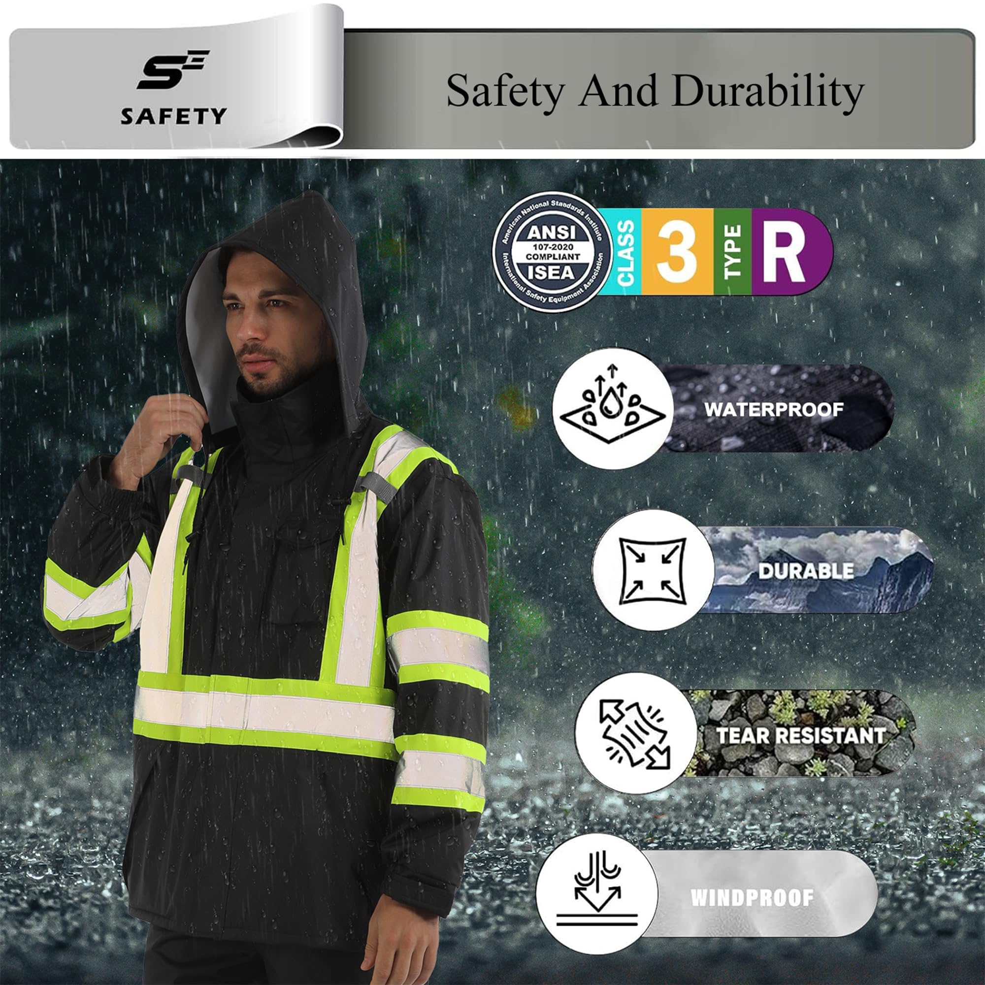 sesafety Giacca antipioggia ad alta visibilità, classe 3, abbigliamento antipioggia da uomo