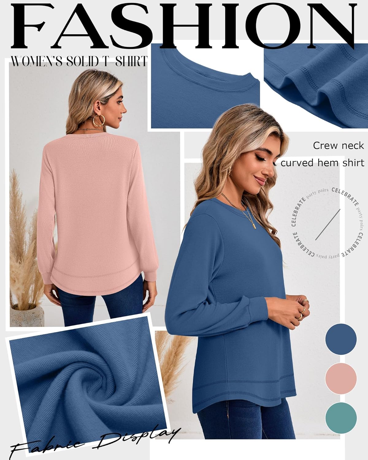 Ficerd 3 Pack Women's Long Sleeve Shirts, Cotton Crew Neck Tunic Tops Casual Loose Fit Pullover Sweatshirts Curved Hem Shirts - Image 4