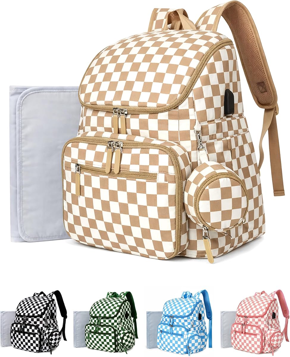 FHELAD Checkered Diaper Bag Backpack with Changing Pad & Stroller Clips | Baby Diaper Bag, Baby Shower Gifts, 4 Insulated Bottle Holders, Wet Wipe Pocket, Luggage Strap