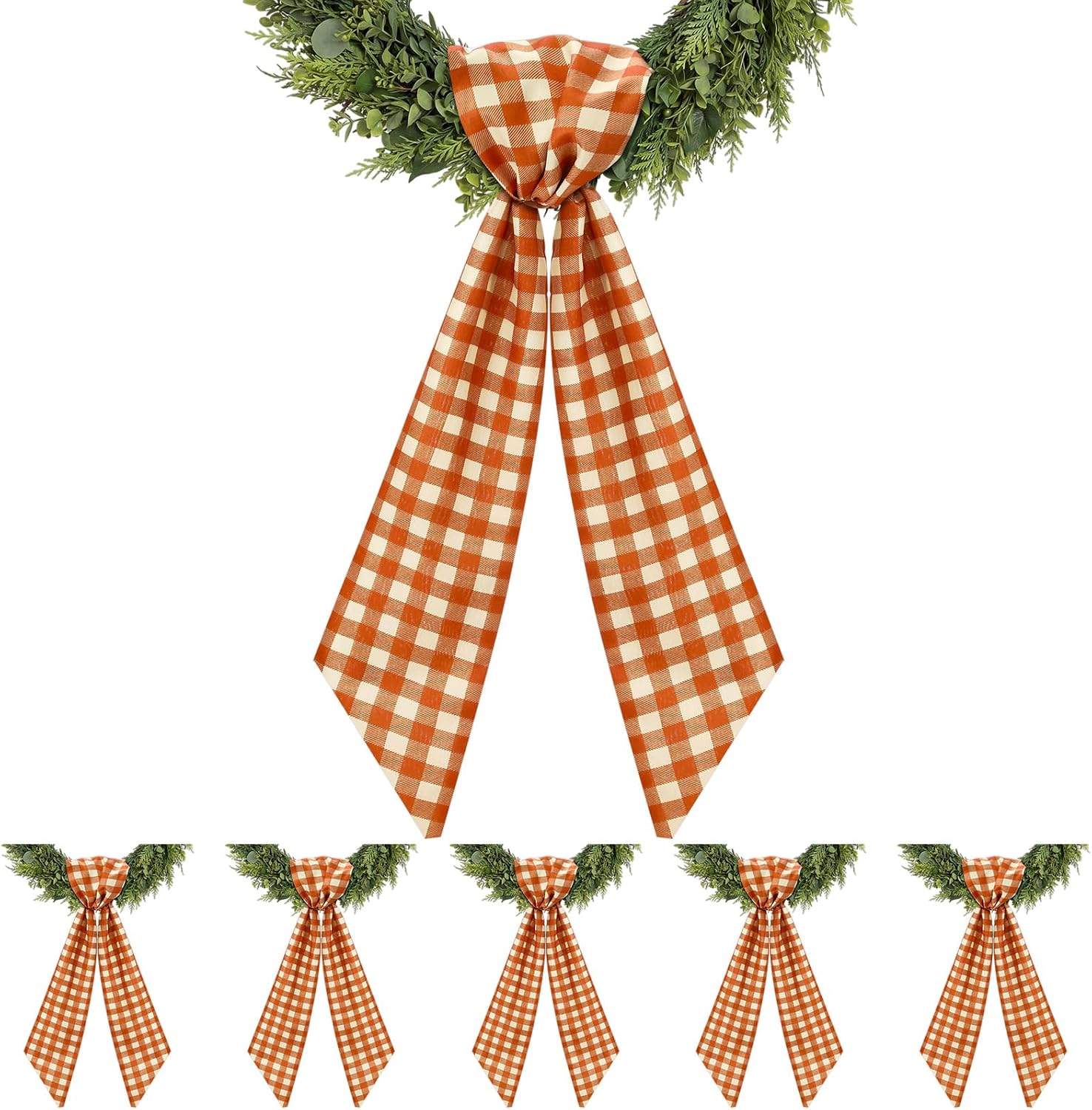 XunYee 6 Pcs Orange Gingham Wreath Sash for Front Door Fall Wreath Sash Orange Buffalo Plaid Ribbon for Thanksgiving Harvest Autumn Holiday Farmhouse Yard Indoor Outdoor Home Decor