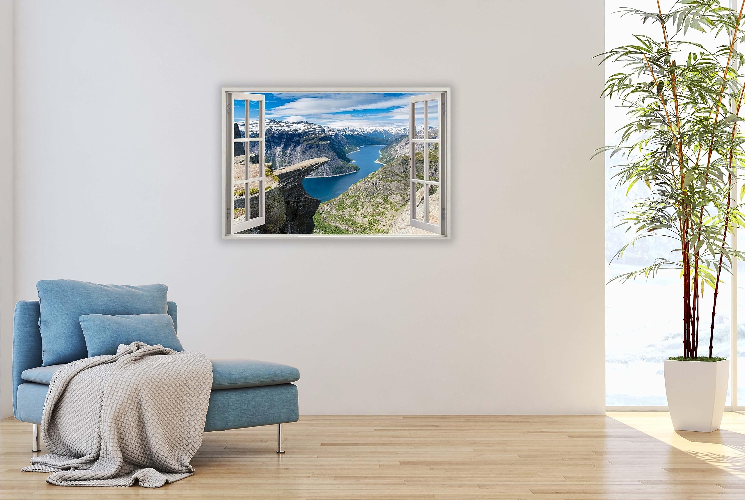 HUBDECO Obraz na płótnie Widok z okna na fiordy Norwegii 120x80 cm - Obrazy krajobrazowe na płótnie - Obrazy ścienne do salonu - Obraz z oknem z widokiem - Estetyczne dekoracje pokojowe - Dekoracja