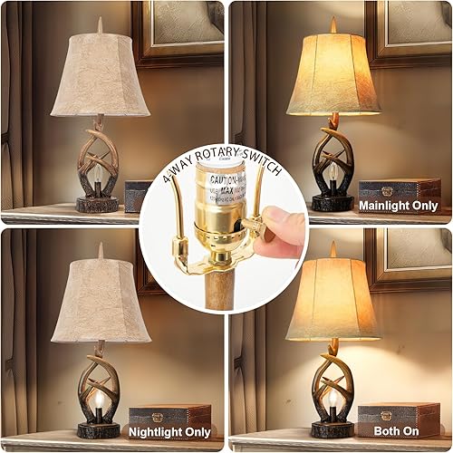 Miniatura 3 de Scenekoy Juego de 2 lámparas rústicas de mesita de noche con cuernos de granja con luz nocturna, puertos USB duales, pantalla de campana suave de