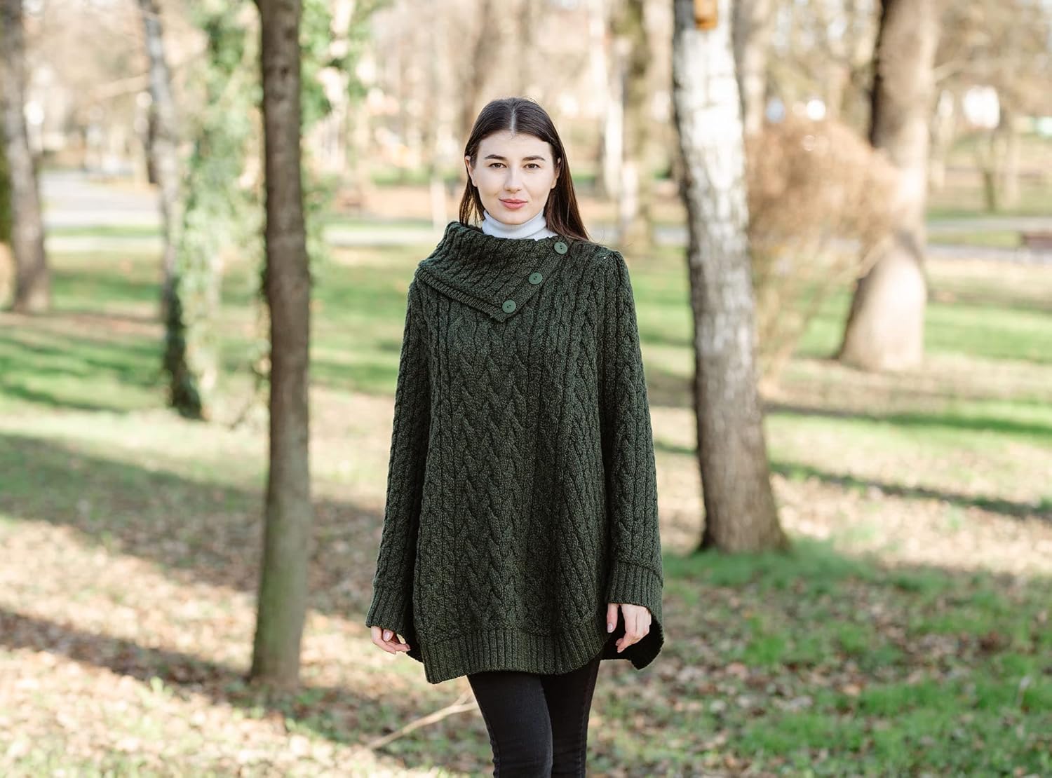 SAOL 100% Merino Wool Cowl Neck Button Poncho for Ladies