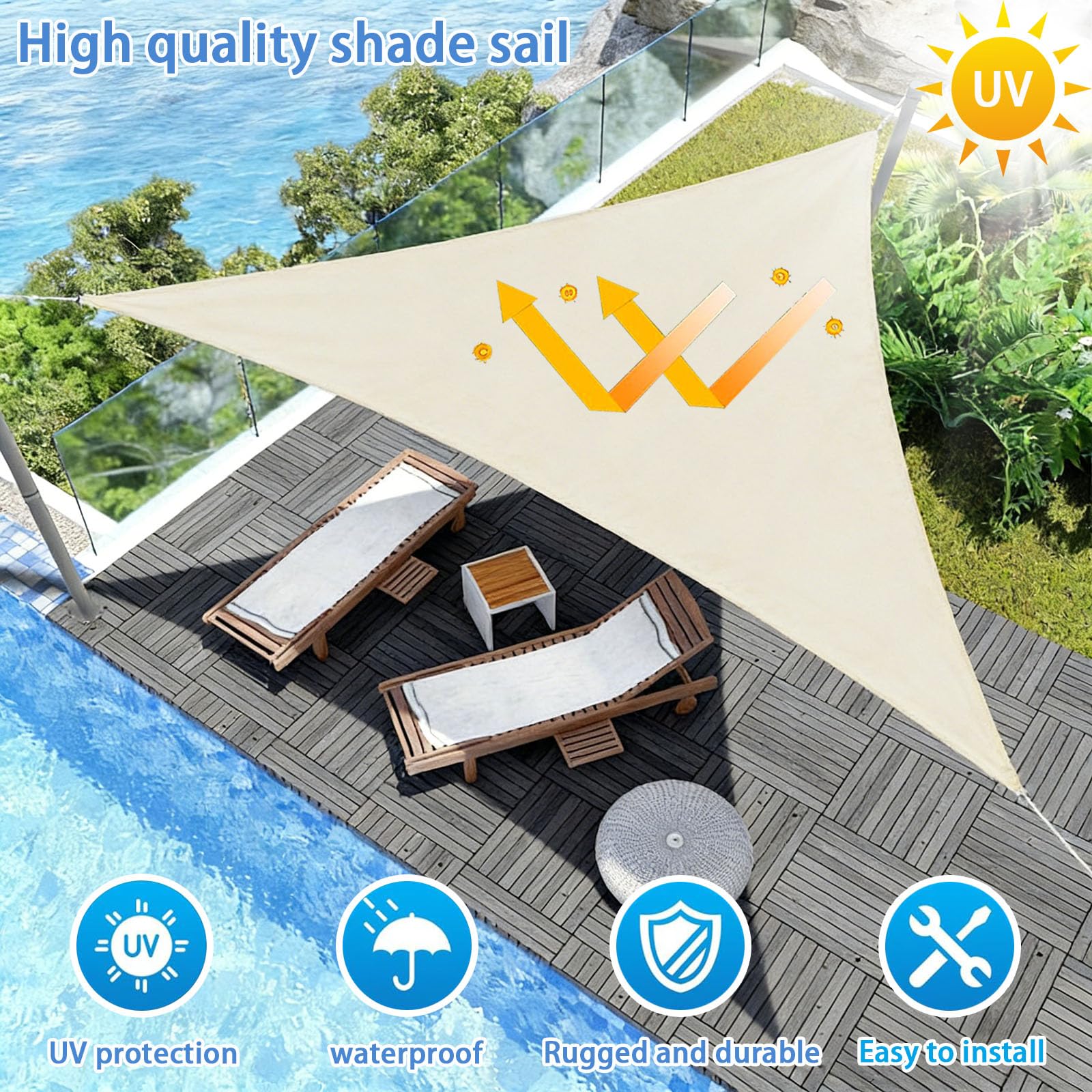 Tenda a Vela Triangolare, Vela Ombreggiante Triangolare Impermeabile con Kit di Fissaggio Corda, Tenda da Sole Telo Parasole Ombreggiante per Giardino Patio Piscina-Creamy-white||3x4x5M
