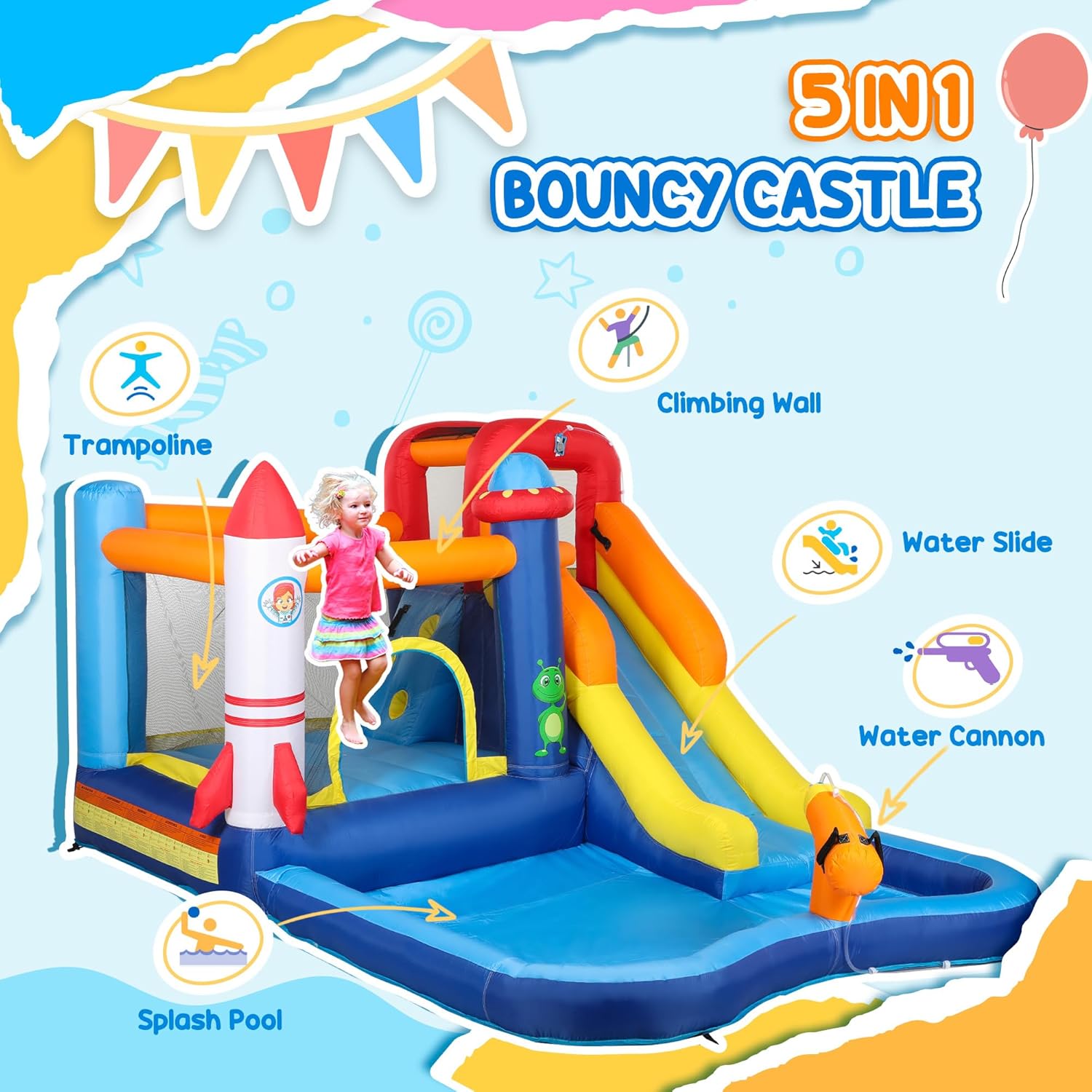 Qaba Inflatable Water Slide Park, Kids Bounce House with Splash Pool, Trampoline, Climbing Wall, Water Cannon, 5 in 1 Waterslide for Kids with 550W Blower, for Backyard, Party