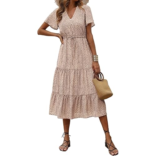 PRETTYGARDEN Women's Floral Boho Dress Casual Short Sleeve V Neck Ruffle Tiered 2023 Summer Swing Maxi Dresses