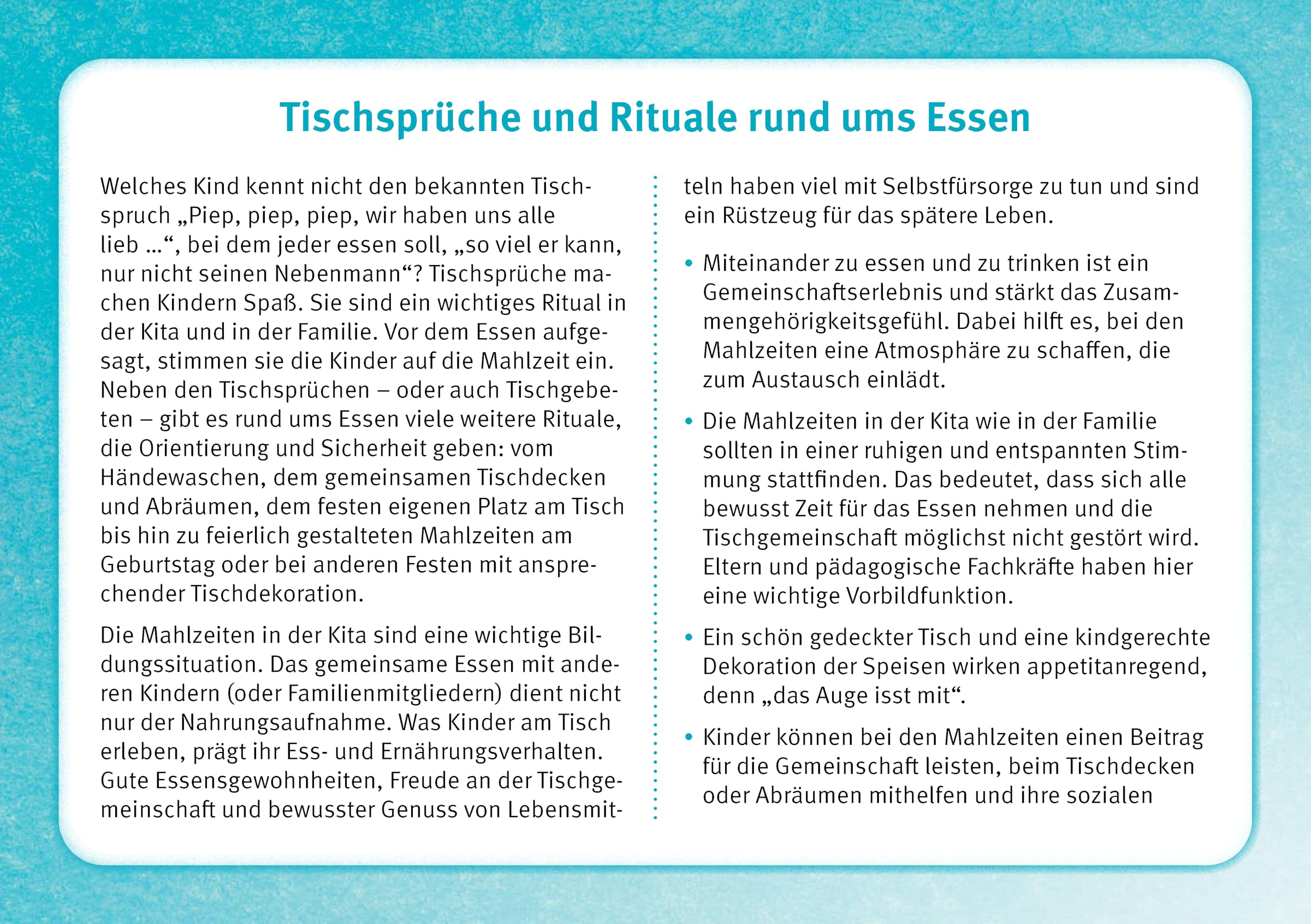 Viele kleine Fische schwimmen heut zu Tische: 30 lustige Tischsprüche, Spielideen und genussvolle Rituale für Kinder. Tischreime für den Kindergarten, ... Ideen für Kindergruppen auf DIN-A5-Karten)