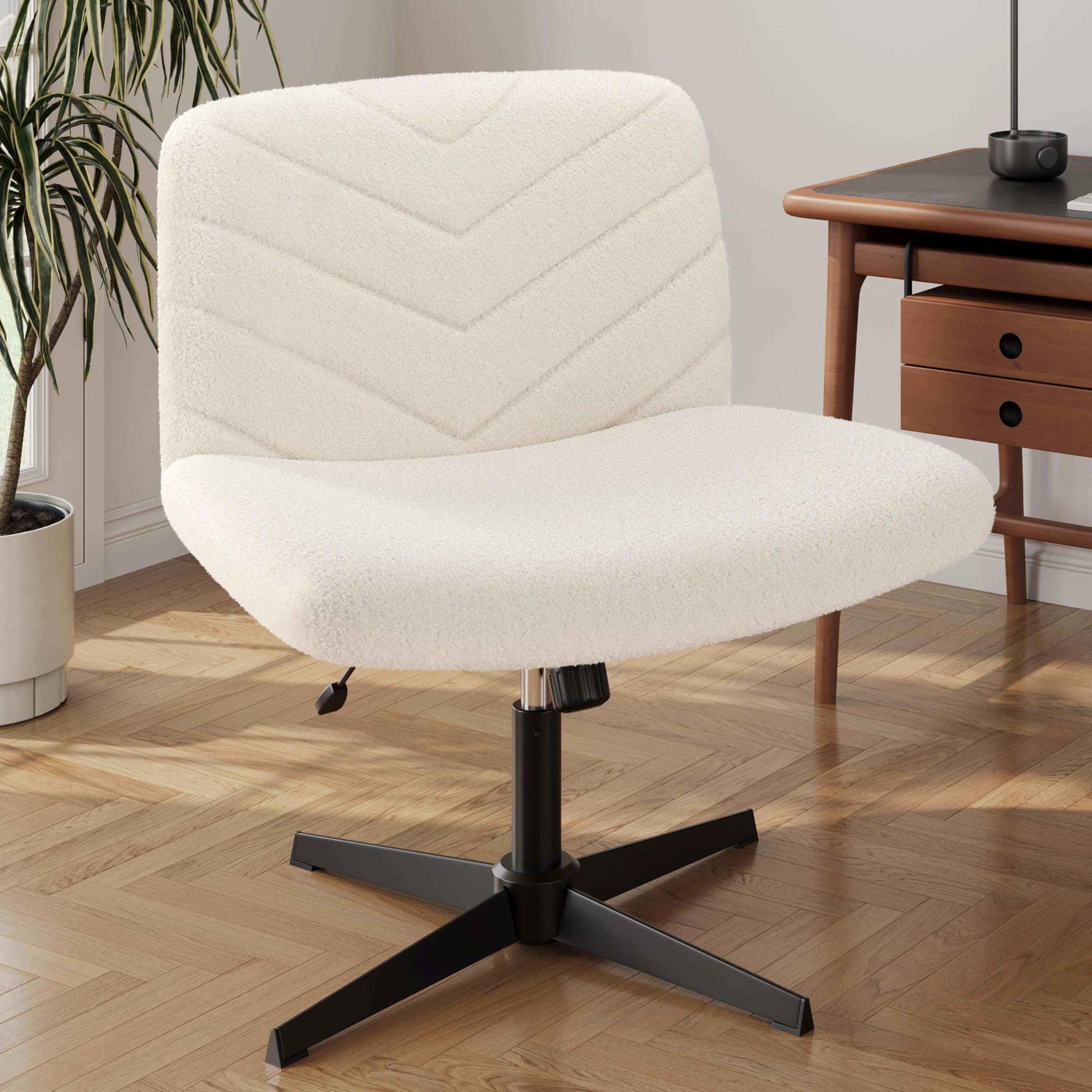 Yaheetech Wide Criss Cross Legged Office Desk Chair with No Wheels, Vanity  Comfy Swivel Computer Chairs for Home Office Reading Makeup, Beige