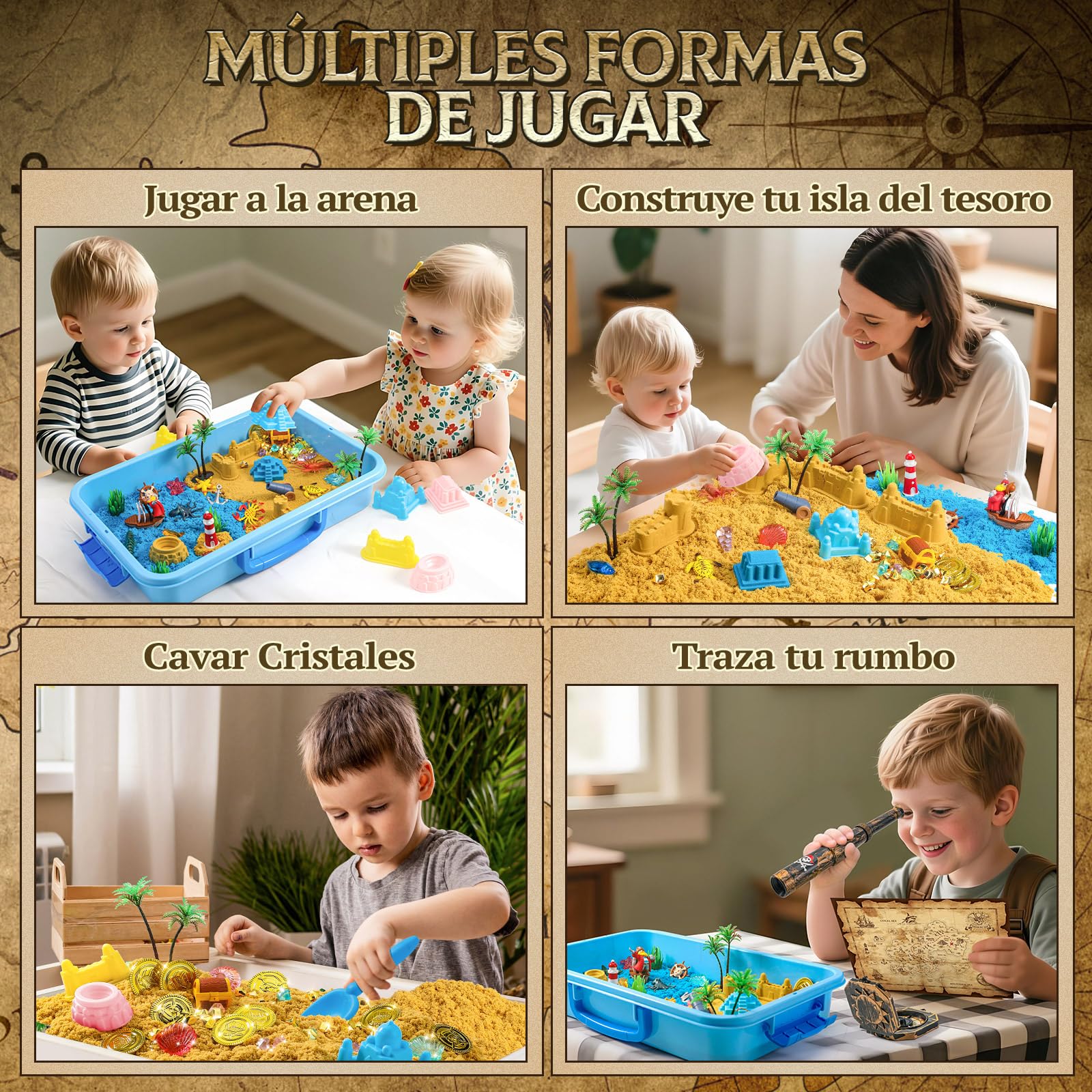 KNASON Pirata Tesoro Cofre Arena Juguete Magica,Arena Toy con Accesorios Piratas,1 KG de Sand y Gemas que Brillan en la Oscuridad,Juguetes Sensoriales Arenas para Niños 3 4 5 6 Años