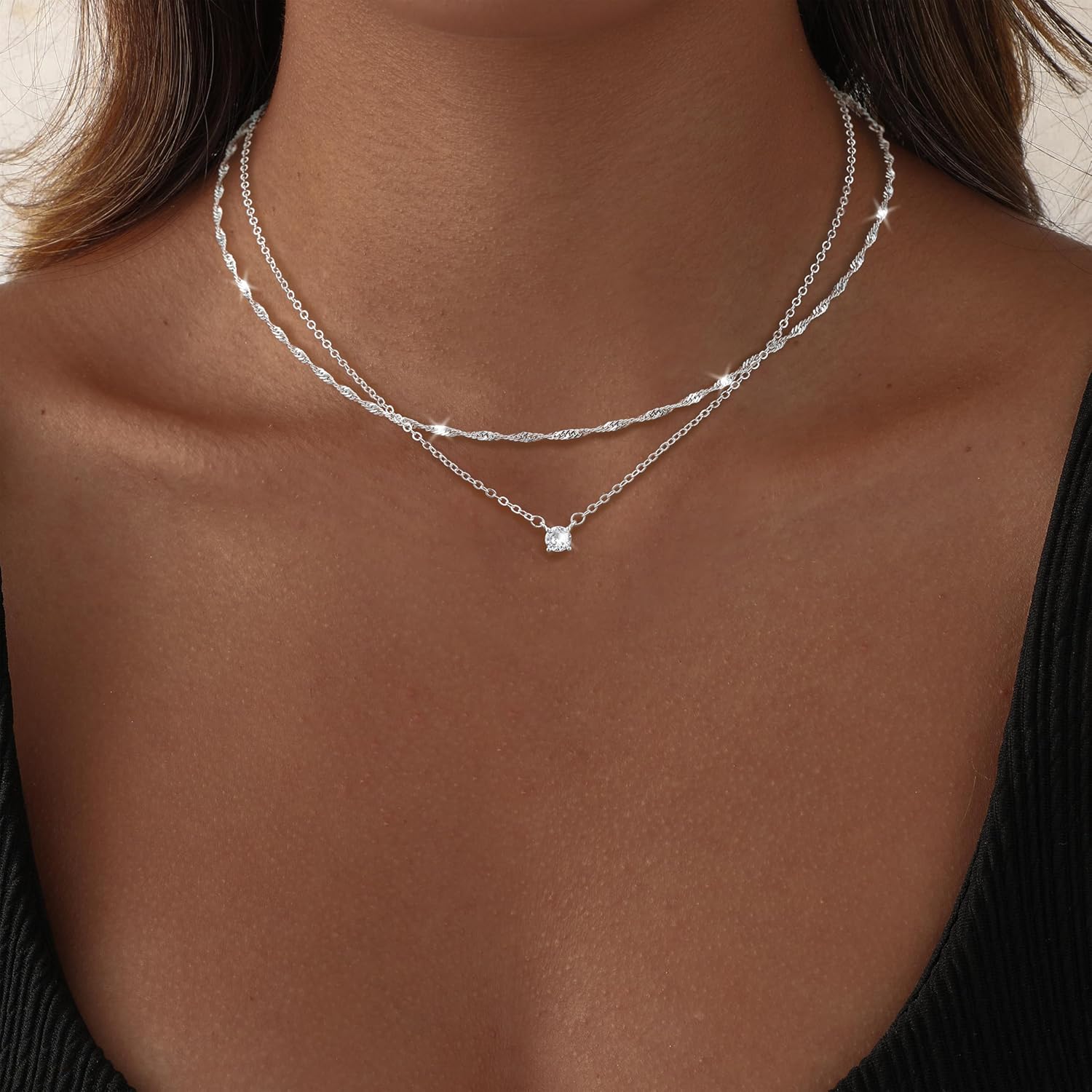 Dainty 14K Gold Plated/Silver Cubic Zirconia Diamond Necklaces for Women,Simple CZ Layered Gold Silver Necklaces Stack Trendy Jewelry Gifts - Image 3