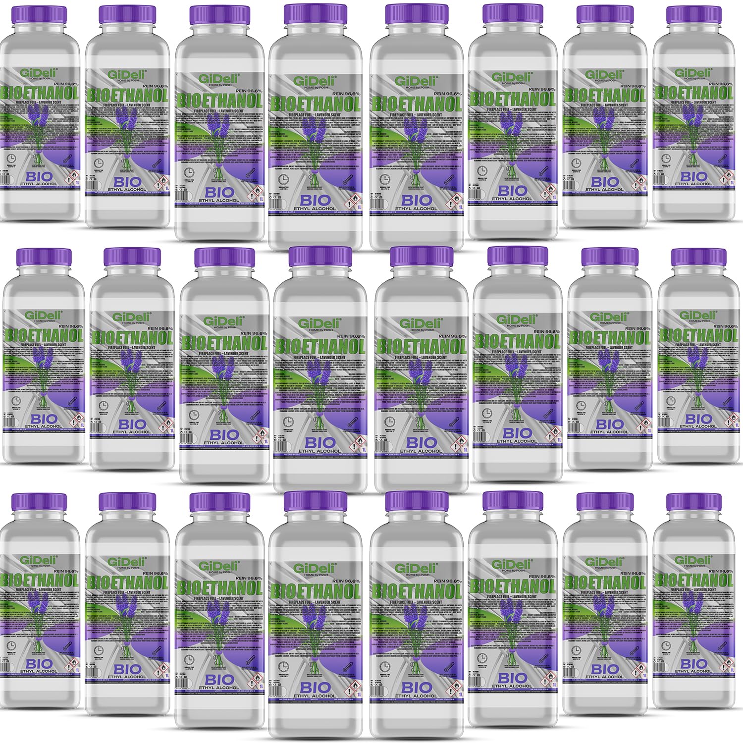 GiDeli Bioetanol 24 x 1 l aroma lavanda 96,6% etanol para chimeneas interiores y exteriores, sin humo ni hollín, de maíz y remolacha azucarera