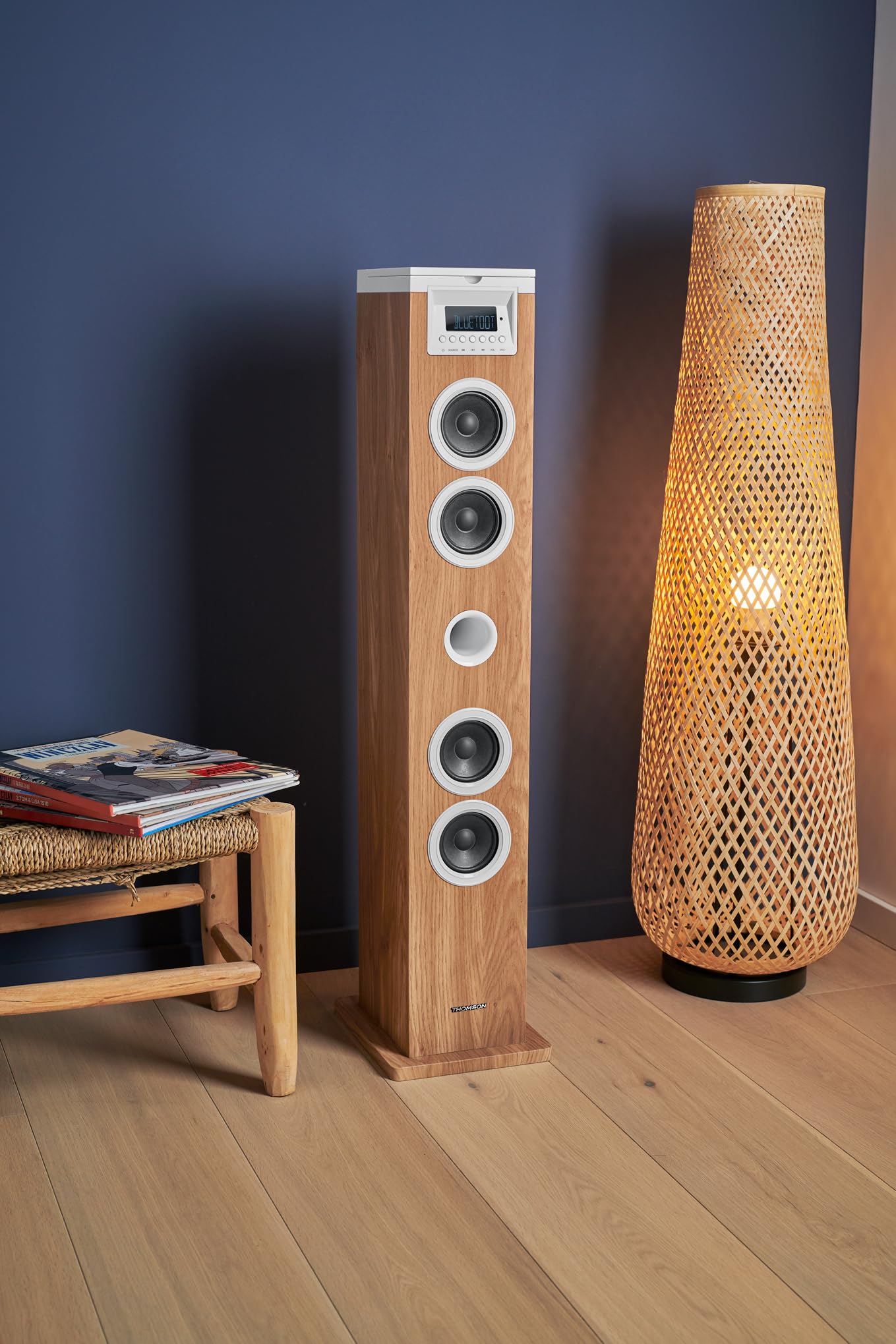 Tour haut-parleur - THOMSON - Blanc/Bois - Bluetooth/CD/USB/SD, 60W, Radio FM, Télécommande, Alim. 230V