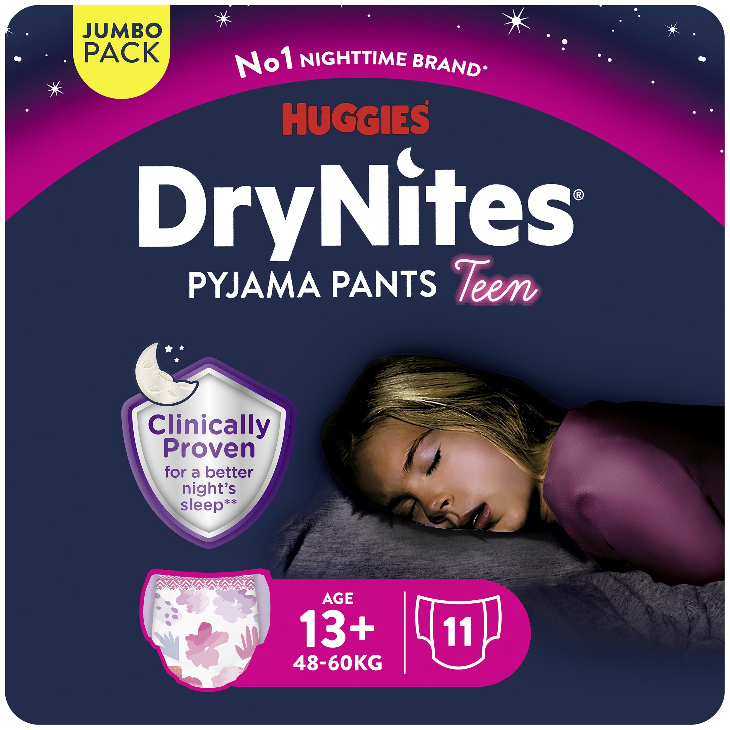 Huggies DryNites Pyjama Pants, Girls 13+ Years (48-60KG), Up to 100% Leak Free Nights, Bedwetting Pants, Jumbo Pack, 11 Count