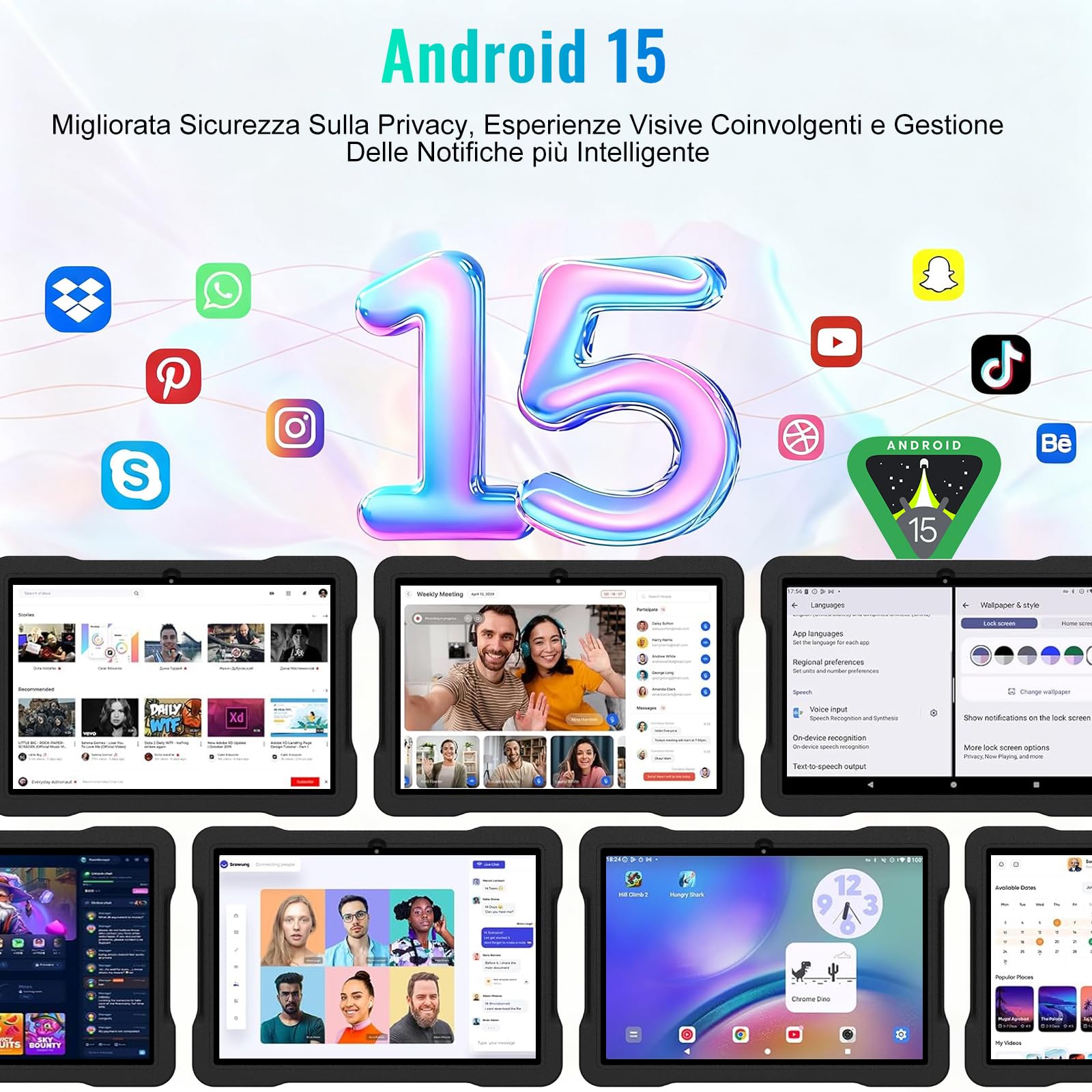 Android 15 Tablet Bambini 10 Pollici, 30GB RAM+TF 2TB,Gemini AI/Widevine L1/Octa-Core,5G WiFi Tablets, Giochi Educativi/1080*800/5MP+8MP/Bluetooth 5.0, 2026 Newest Tablet con Protettiva EVA Caso-Nero