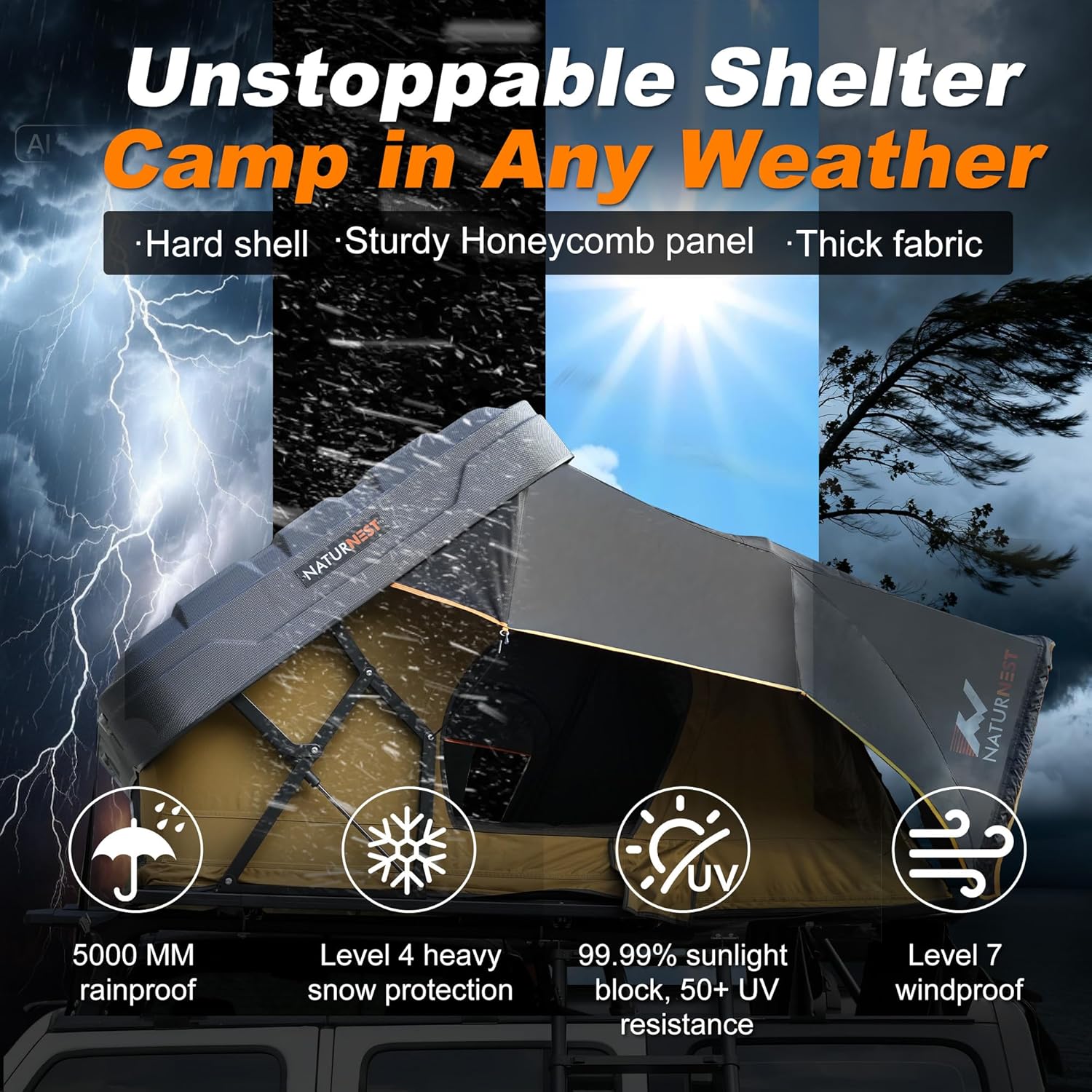 Naturnest Rooftop Tent Hard Shell, Easy Set Up Extra Large Roof Tent for 4 Person Camping Top Tents, Waterproof UV-Resistant 4 Season Tents for Truck, Jeep, SUV, Trailer - Sirius 2 XL