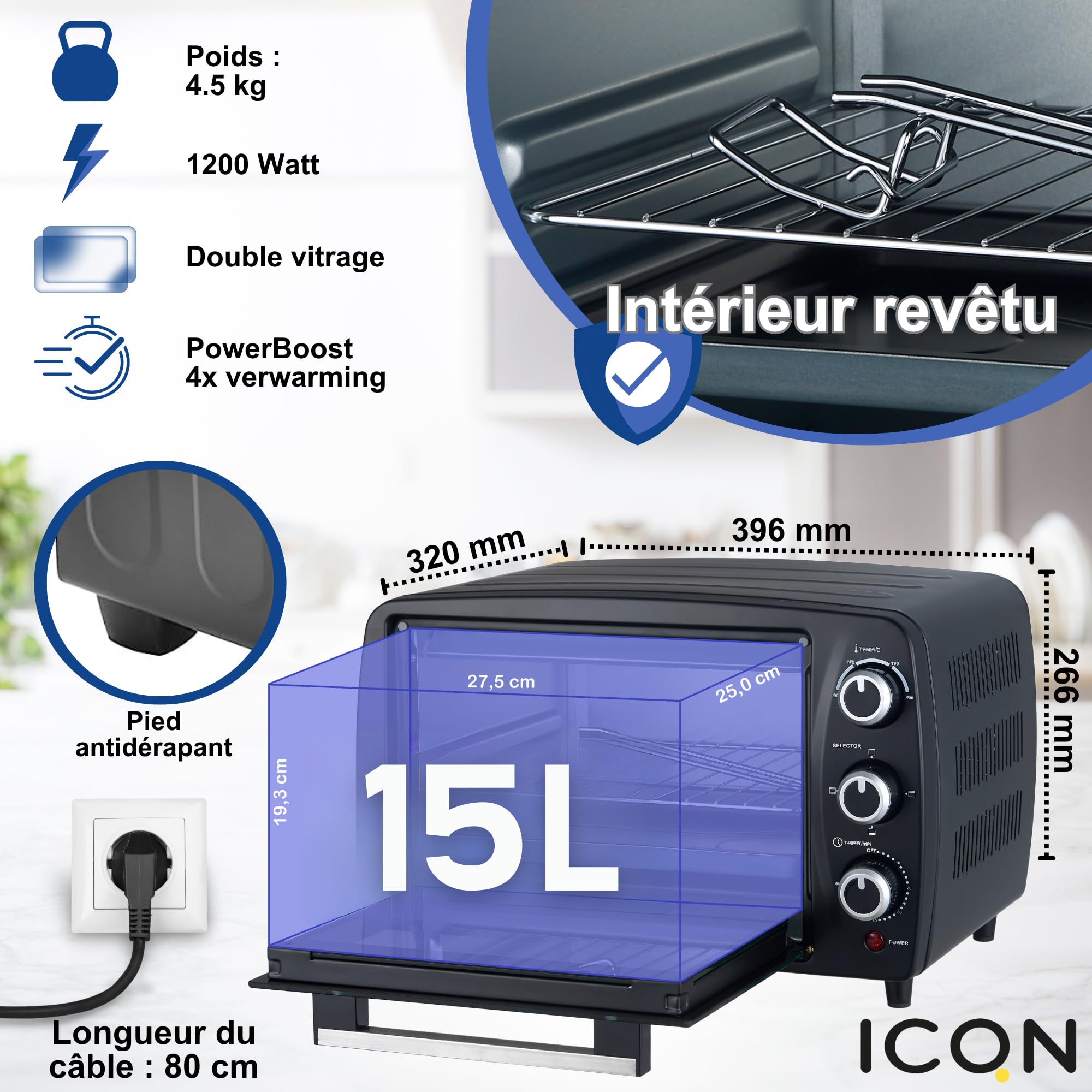 ICQN Kompaktowy mini piekarnik 15 litrów, 1200 W, timer 60 min, 3 funkcje gotowania, 90°-230°C, mały piekarnik kempingowy, antracytowy, 2 lata