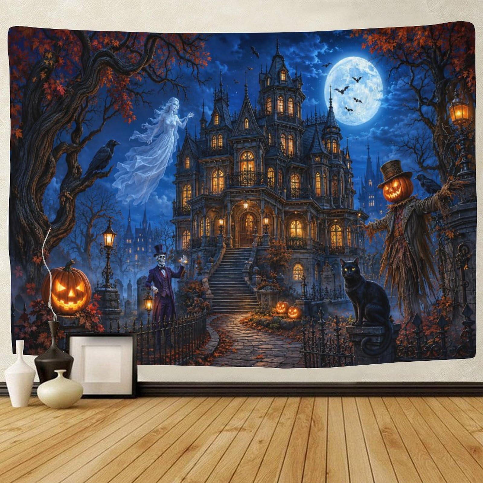 ASDFGHJKLZA Gothic Halloween Haunted House Tapestry for Bedroom Wall Hanging Decor 3D Print Horror Tapestries Poster Home Decoration Living Room College Dorm 100cmx150cm