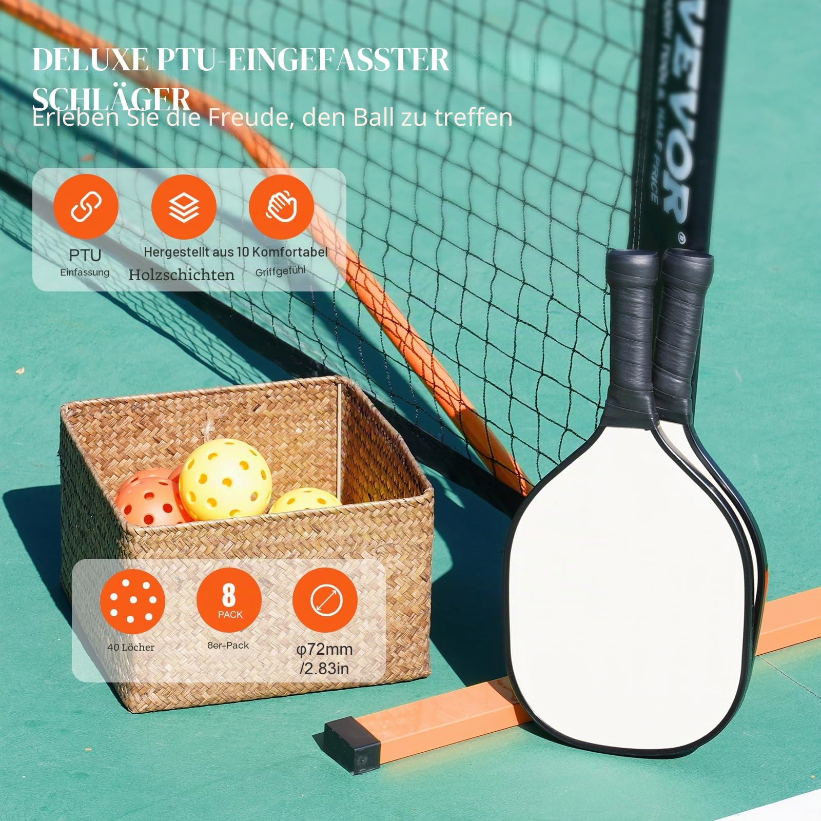 VEVOR Pickleball-Netz-Set, tragbares Pickleball-System in regulärer Größe mit Taschen, Bällen, Paddeln, Rädern und Spielfeldlinien, wetterbeständigem Metallrahmen und PE-Netz, für die Einfahrt im Hint