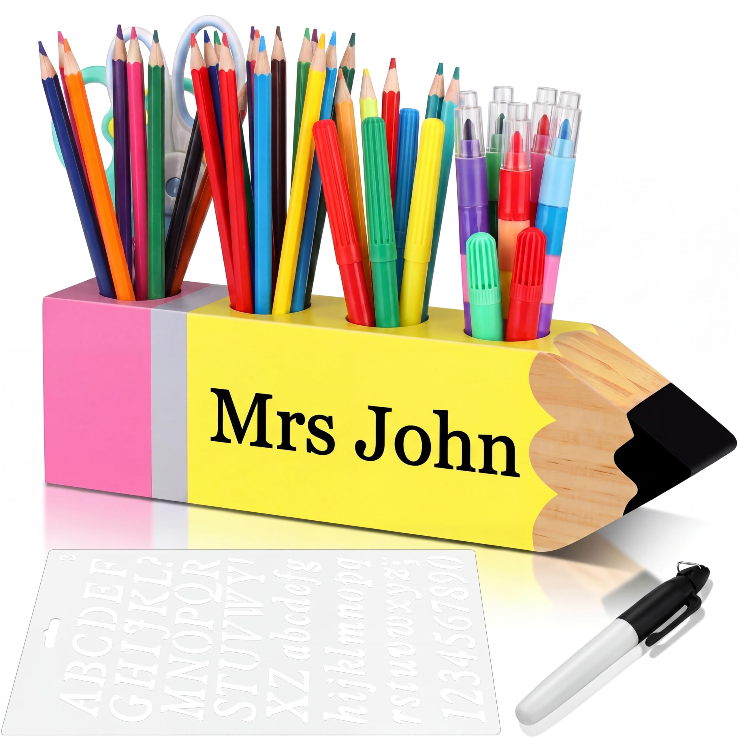 Sinmoe Teacher Appreciation Gift Name DIY Wooden Desk Pencil Shape Holder Teacher Name Desktop Pen Organizer for Back to School Graduation End of Year