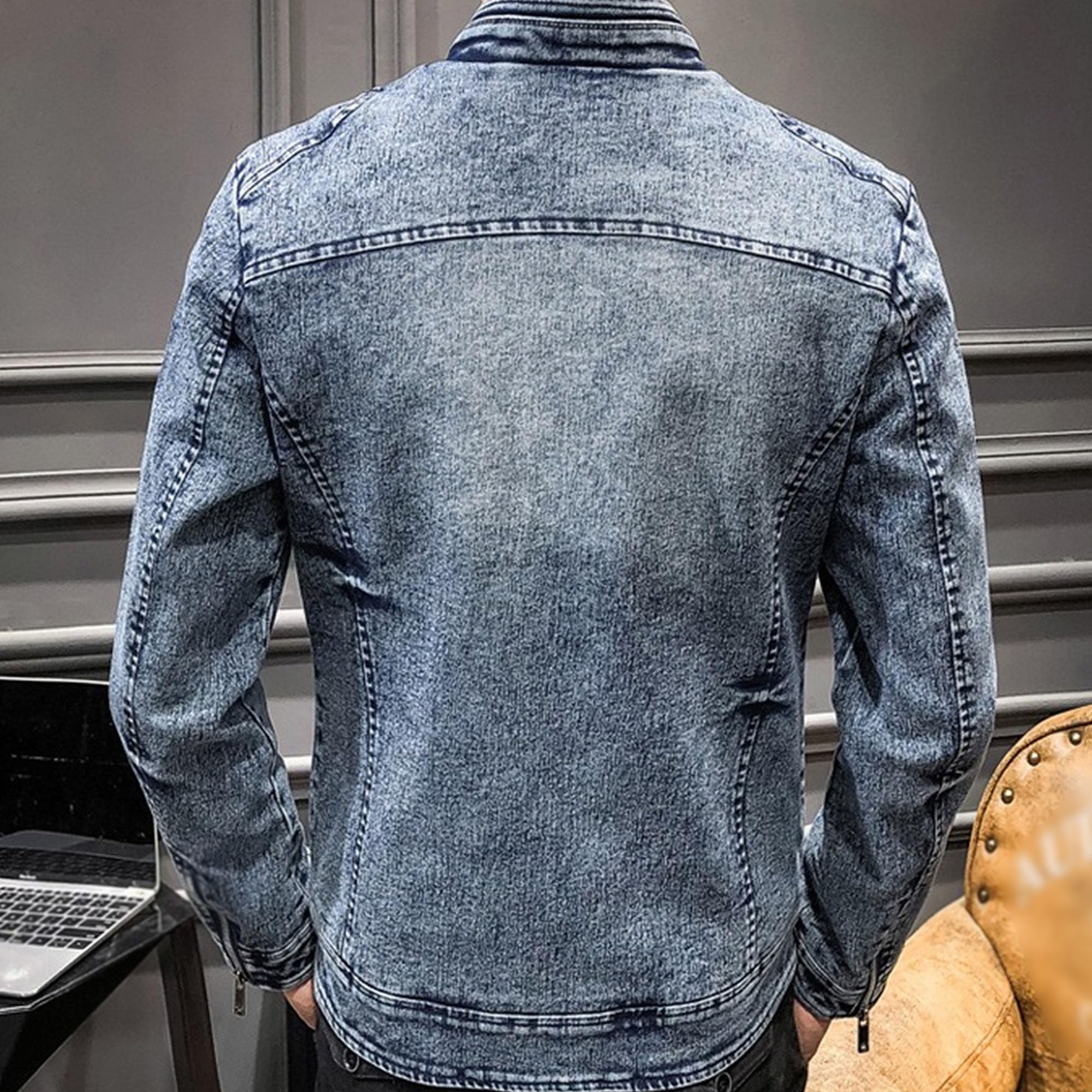 Veste de moto rétro en jean avec col montant et fermeture éclair intégrale