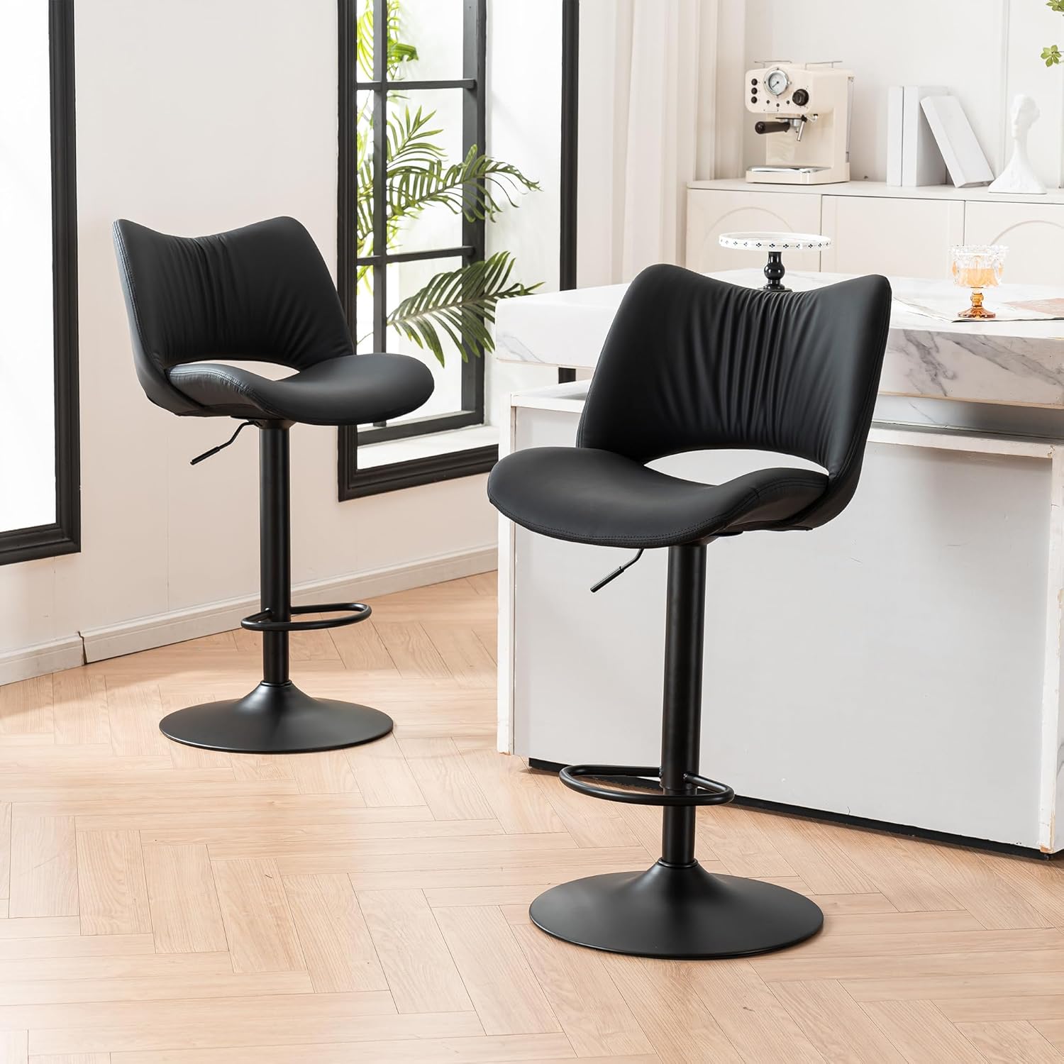 YOUNIKE Modern Bar Stools Set of 2, Black PU Leather Upholstered Barstools, Swivel Adjustable Armless Counter Stool, Ergonomic Hollow Mid Backrest Bar Chair for Kitchen Island, Home Bar Counter