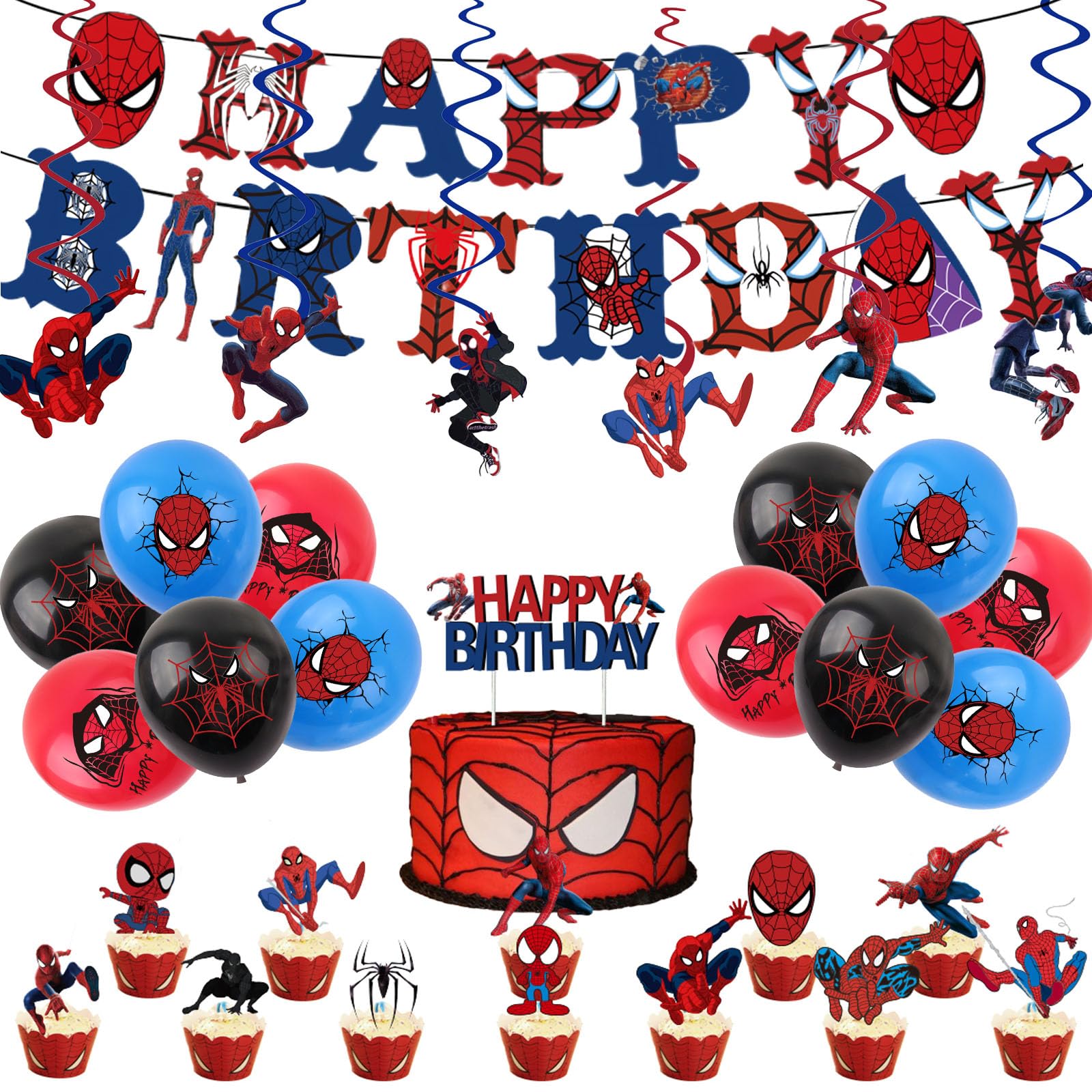44Pcs Red Spider-man Birthday Decorations for Boys Home Red Blue Spider Party Balloons,Happy Birthday Banner Bunting,Cake Toppers,Hanging Swirls for Kids Baby Shower Cartoon Theme Party Supplies