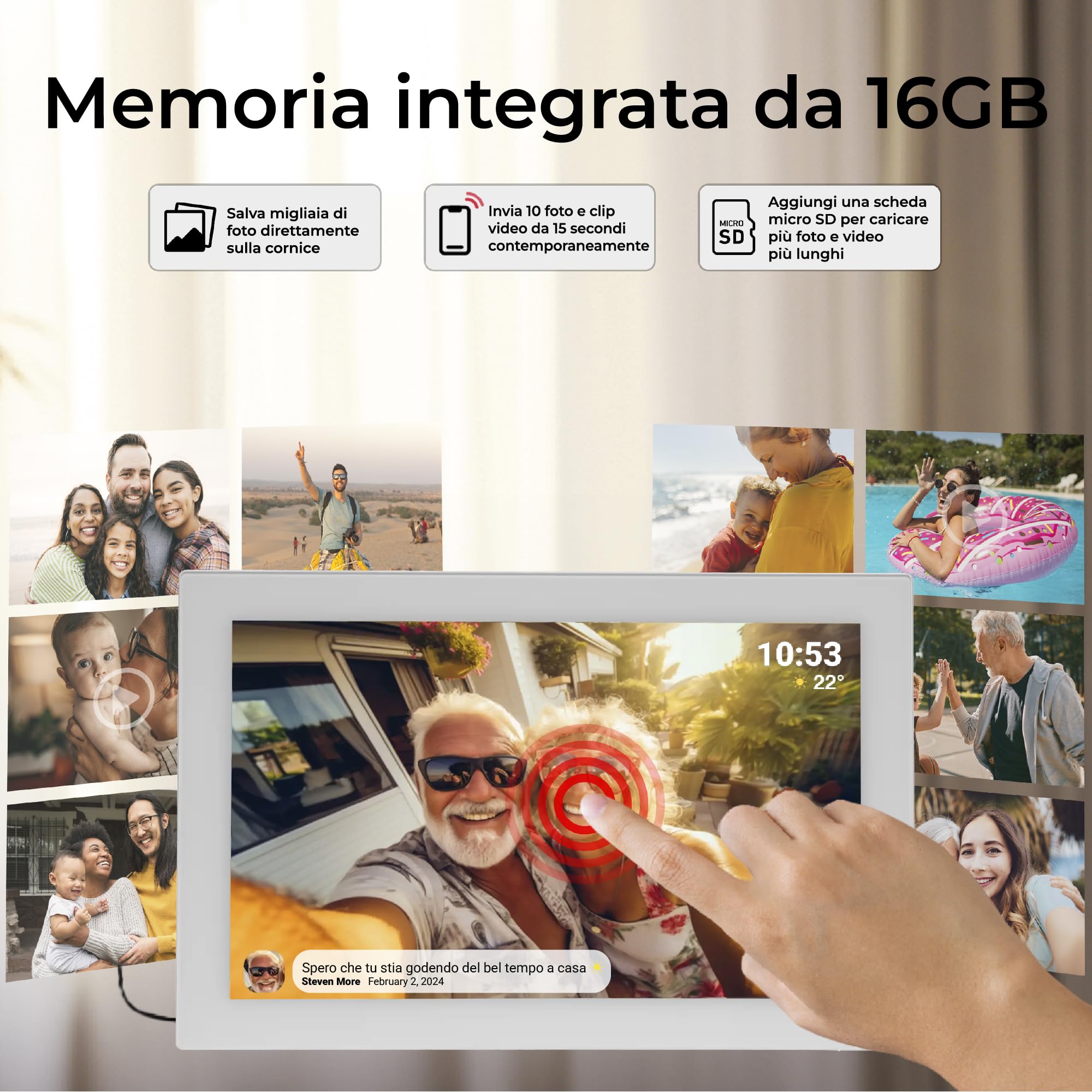 Cornice Digitale 10 Pollici WiFi – Schermo IPS HD 1280x800 – Portafoto Digitale Frameo Denver per Foto e Video – Cornice Elettronica Touchscreen Smart – 16GB Memoria – Slot microSD – Bianca