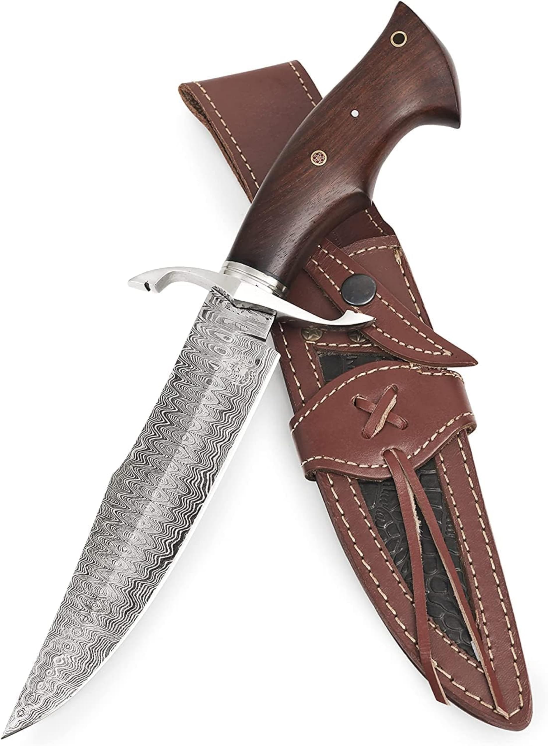 BIGCAT ROAR Cowboy - Coltello da Caccia Grande in Acciaio Damasco Artigianale 30 5 cm - Manico in Legno di Noce e Fodero in Cuoio - EDC Bushcraft Campeggio Sopravvivenza - Regalo Uomo Cacciatore