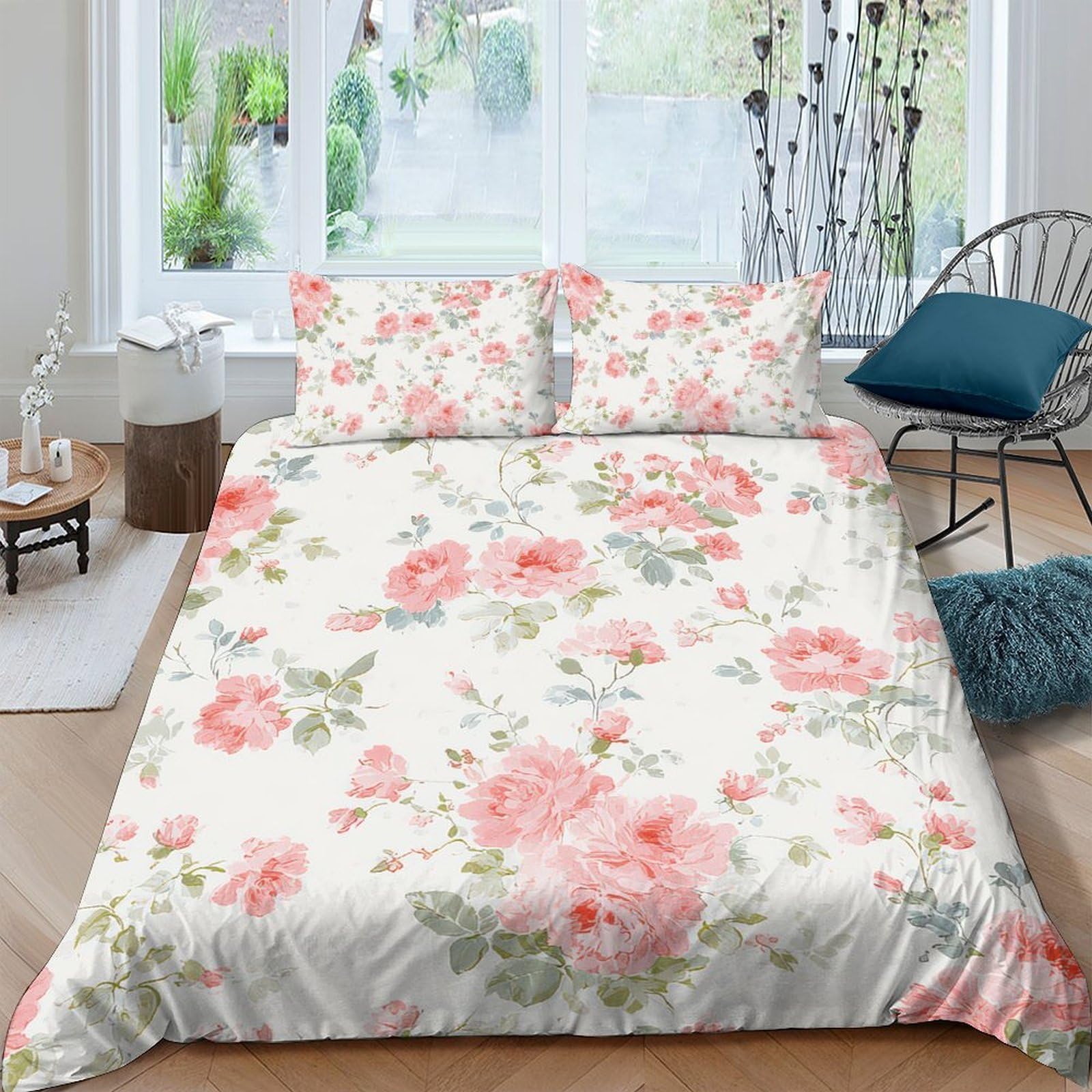 TUFRTGYHN 3D Printed Floral Rose Duvet Cover Microfiber Soft Breathable Botanical Bedding Set with 2 Pillowcases for Bedroom Decor Single（135x200cm）