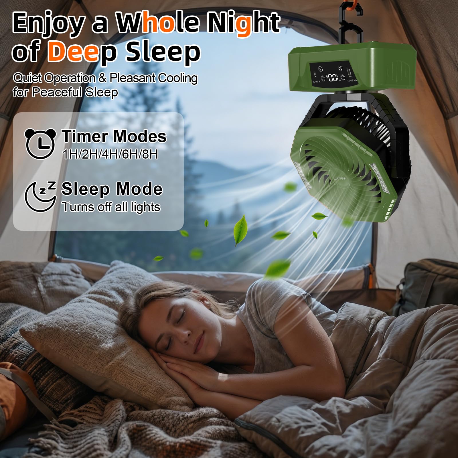ELZO 20000mAh Camping Fan with LED Light, Portable Rechargeable Desk Tent USB Fan with Remote & Hook, Head Rotation - Image 7