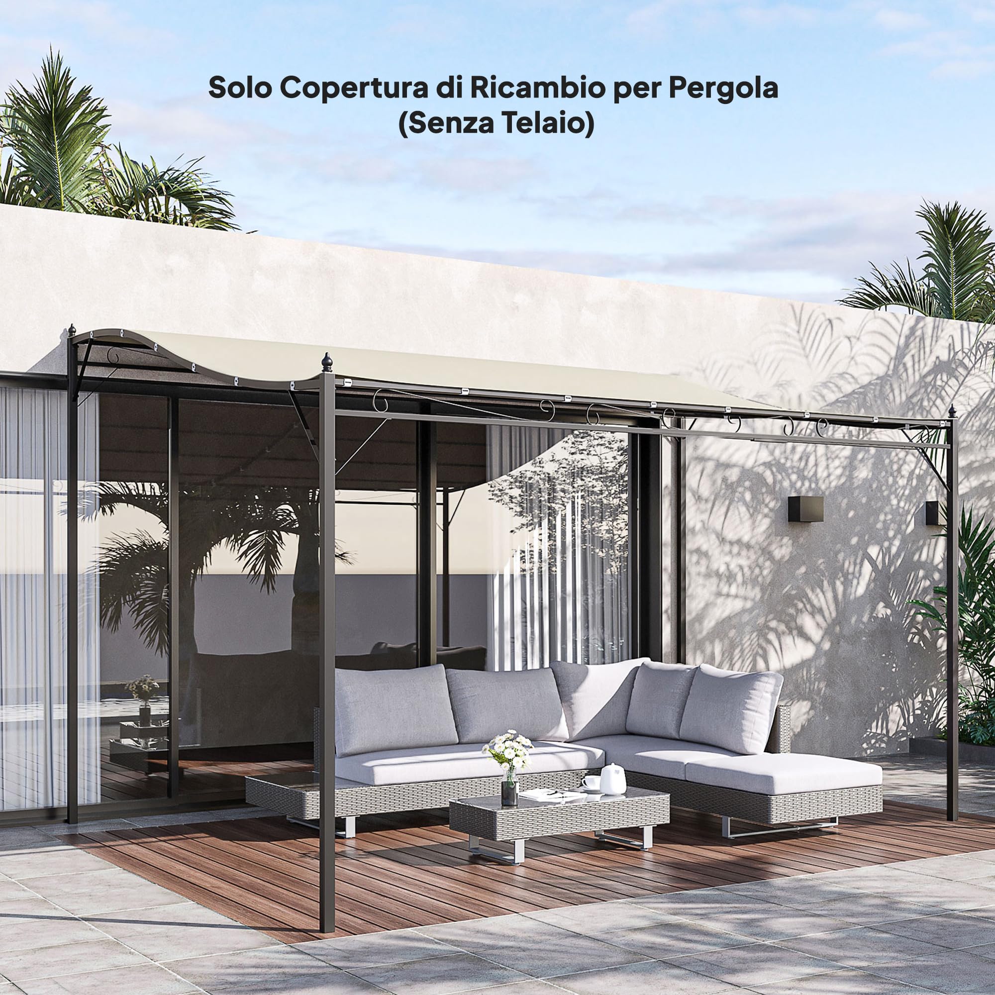 Outsunny Telo di Ricambio per Pergola da Giardino 3x3 m con 16 Fori di Drenaggio, Ganci e Anelli, Copertura per Gazebo Pergola in Poliestere, Beige