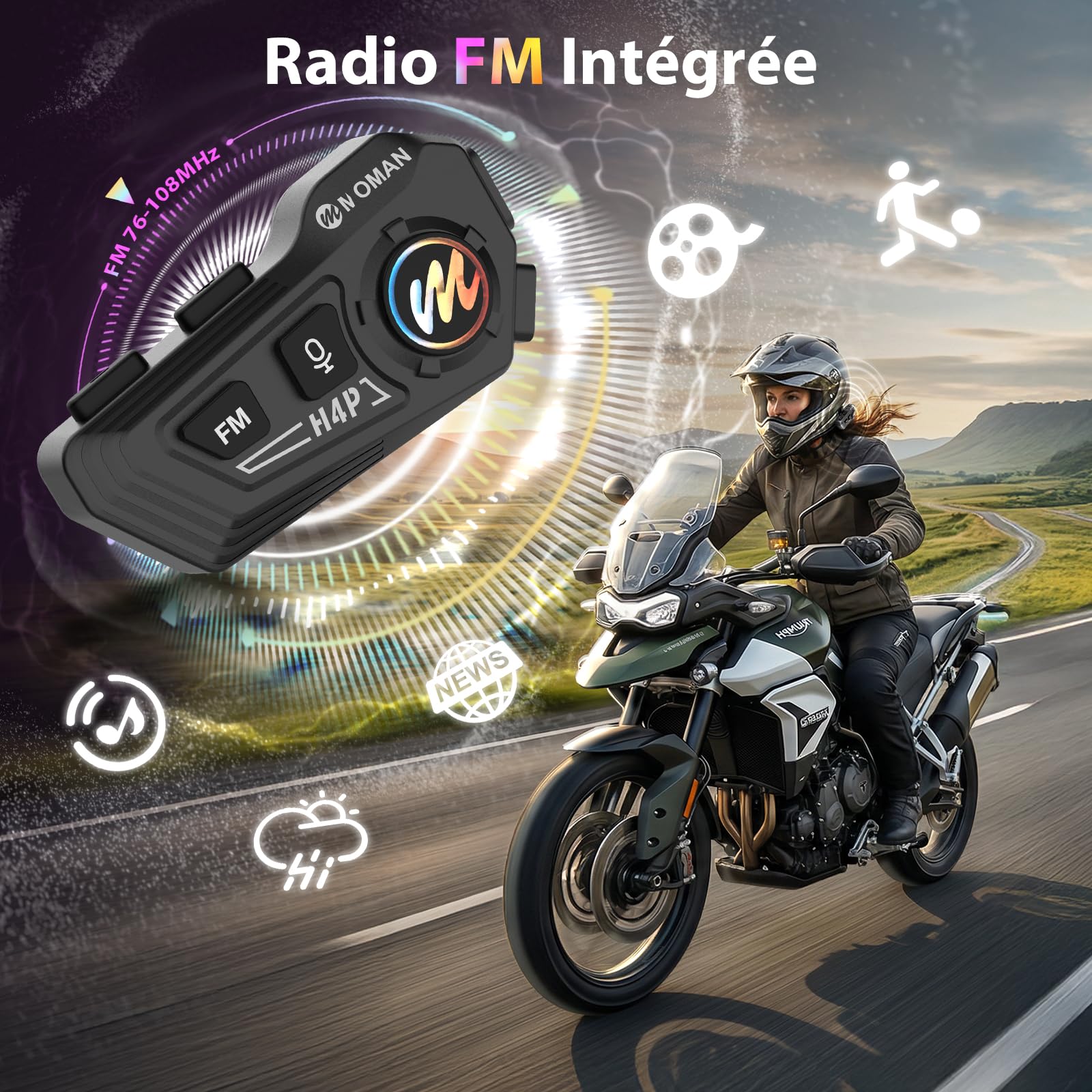 Moman Écouteurs Casque Moto-1000mAh Batterie, RS-H4P Kit Main Libre Moto avec HiFi Haut Parleur Micro Soft/Hard Double Réduction du Bruit RGB/Radio FM/AI Commande Vocale Étanche IPX6
