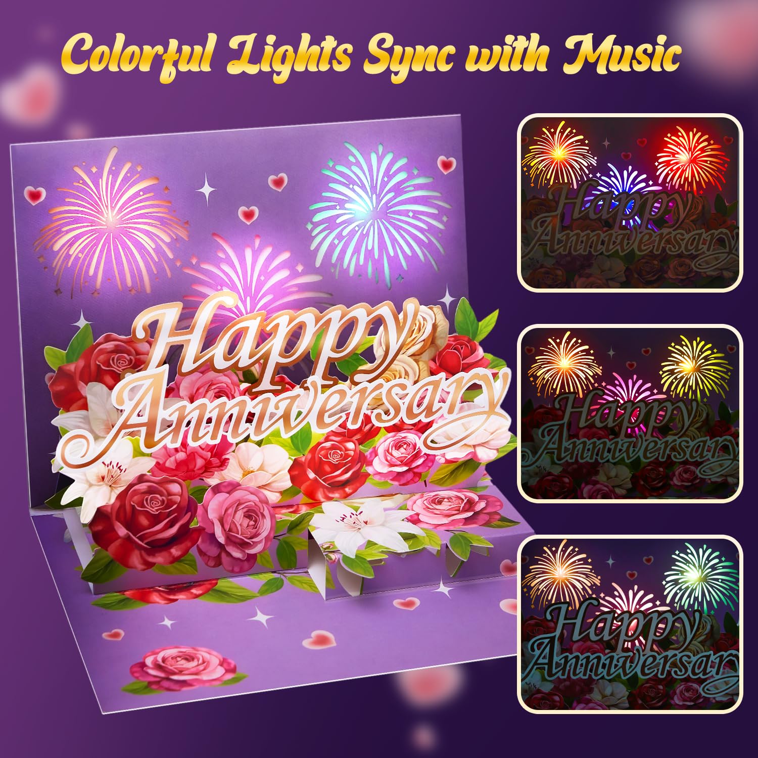 Airpark Tarjeta de aniversario con música y luces, tarjeta de feliz aniversario 3D desplegable para esposa, artículos esenciales de aniversario para ella/él/esposo/pareja/con fuegos artificiales y