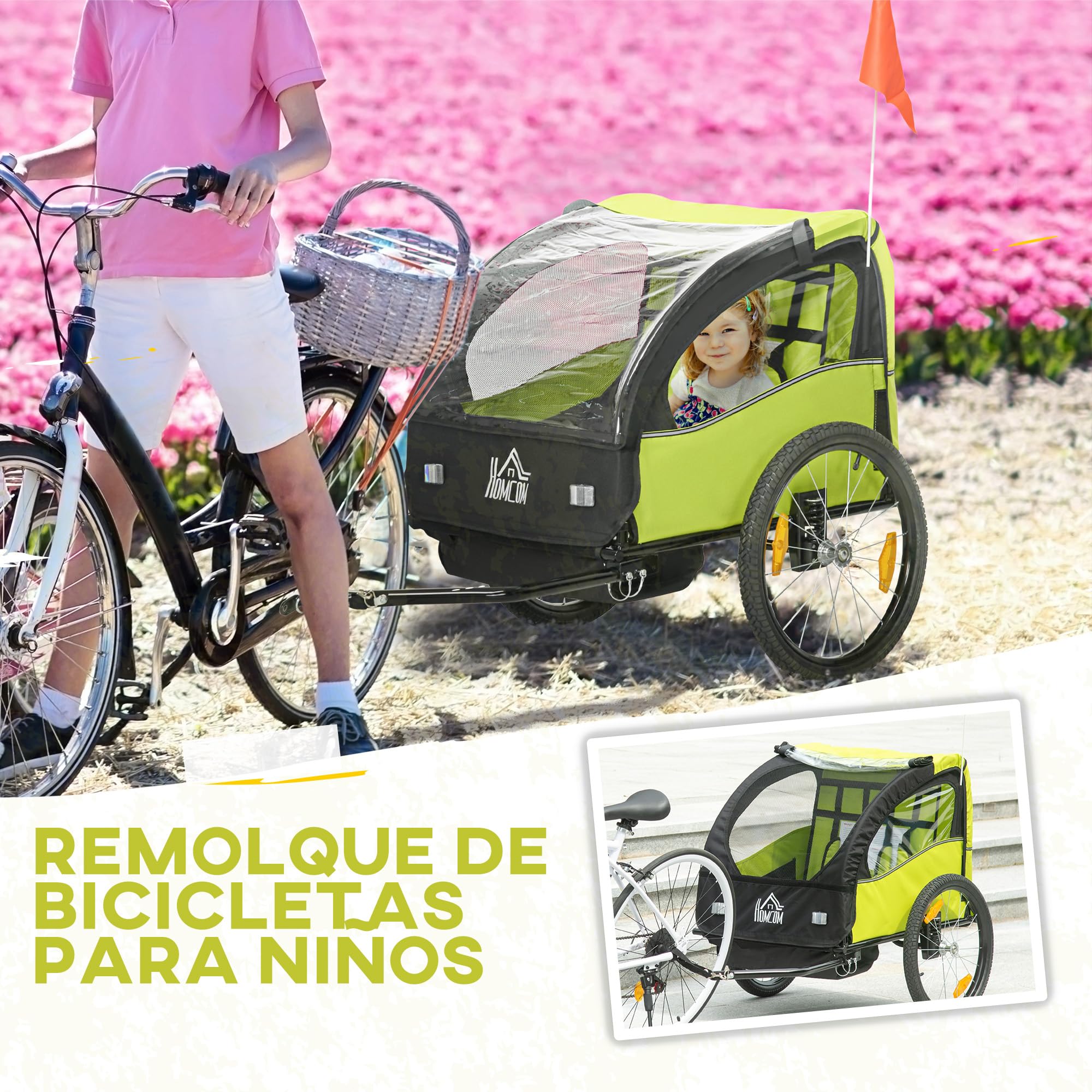 HOMCOM Rimorchio per bicicletta per bambini dai 18 mesi in su, 2 posti, con cintura di sicurezza, vano portaoggetti e sistema ammortizzatore, 140 x 88 x 90 cm, verde
