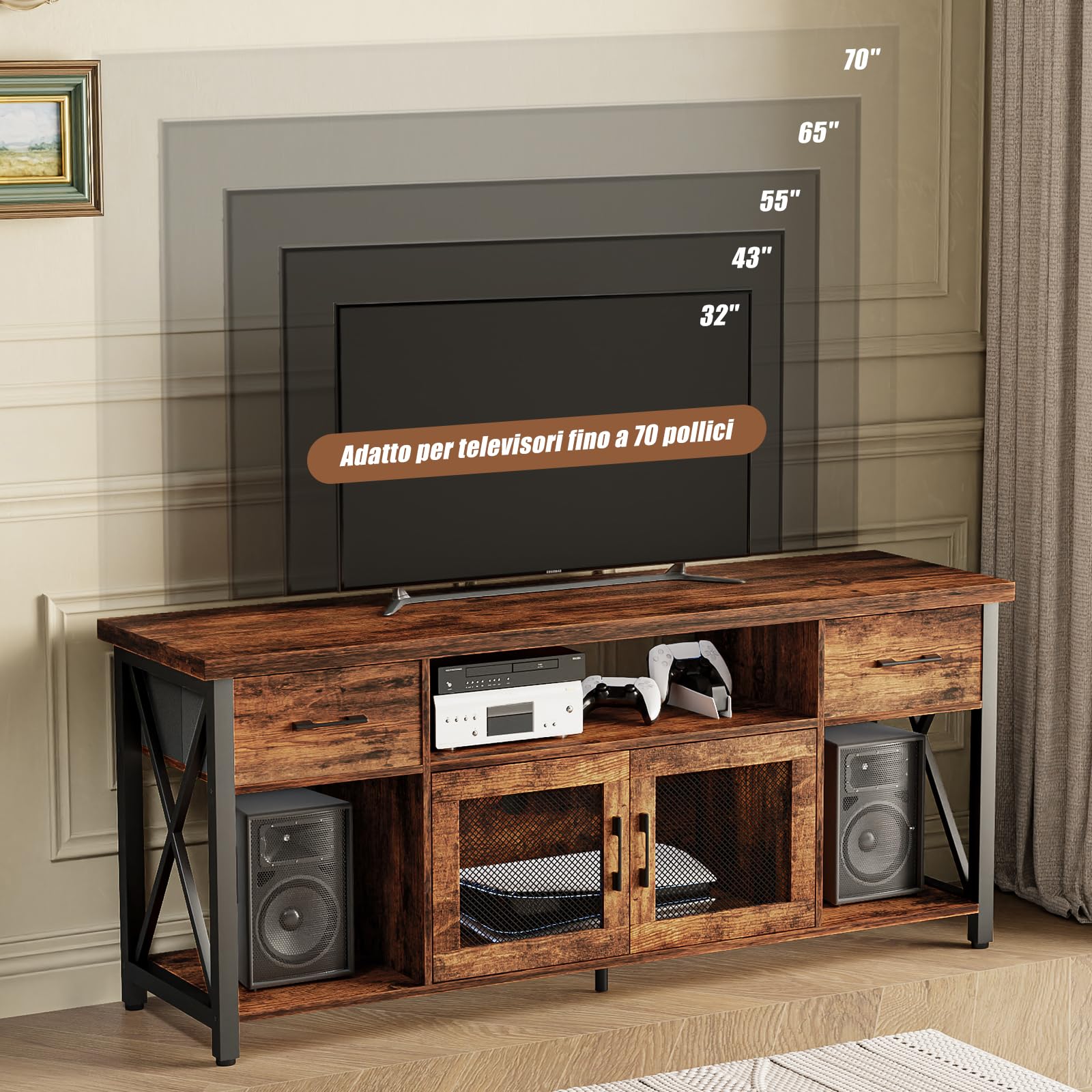 Mobile TV, Mobile Porta TV in Stile Industriale, Mobiletto TV in Legno da 140 cm Con due Mobili, per TV da 45/50/55 Pollici, per Soggiorno, Sala da Pranzo e Camera da Letto