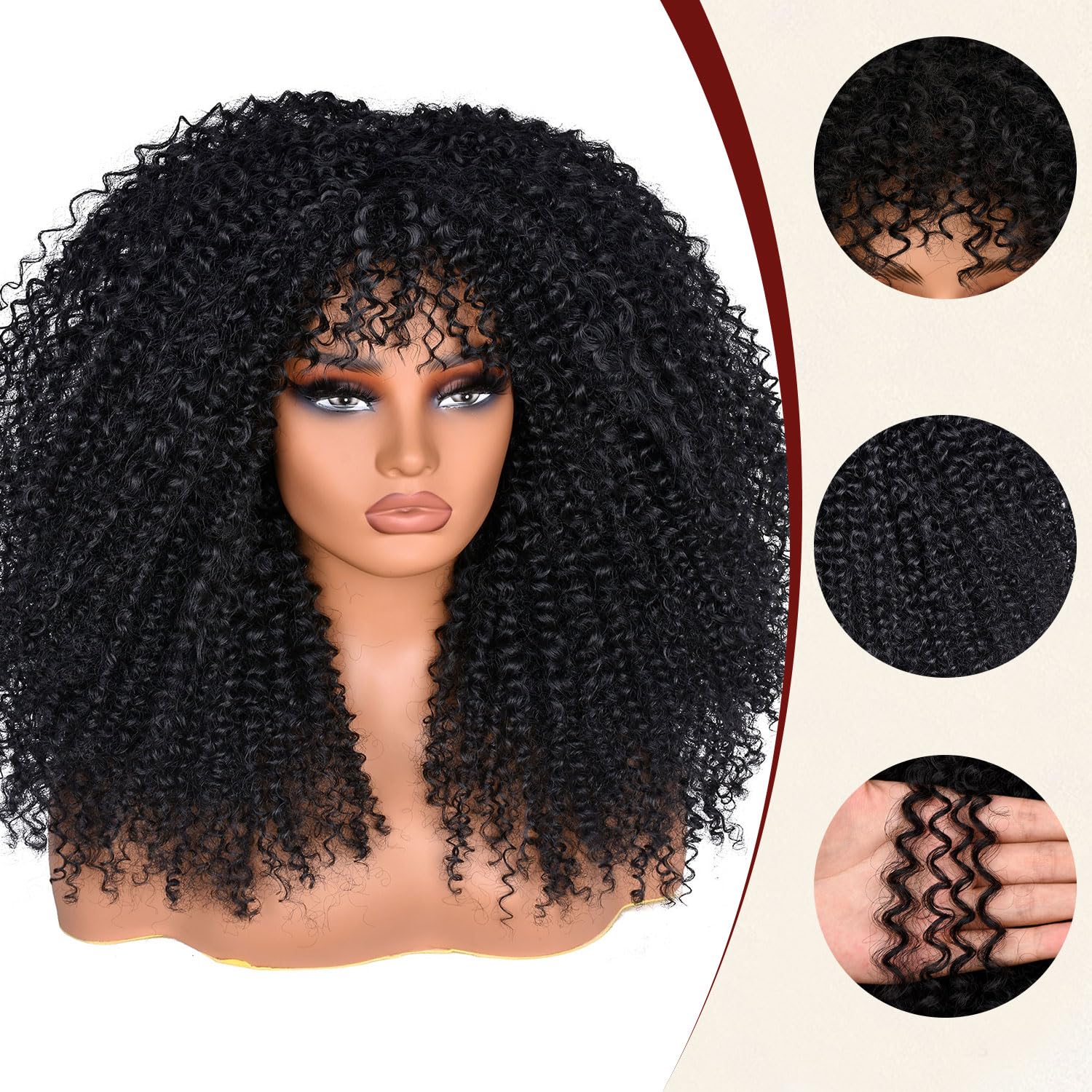 Lizzy Curly Afro Wigs for Black Women 18 Inches Afro Bomb Curly Wig with Bangs Synthetic Fiber Glueless Long Kinky Curly Hair Wigs for Daily Party (Black) - Image 3