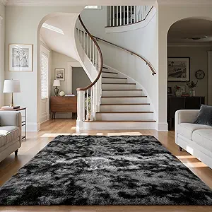 Zentavio Black and Grey Area Rugs for Living Room Large Men Room Carpet 5x8 Bedroom Fluffy Furry Shag Aesthetic Plush High Pile Floor Rug for Kids Room Dorm Home Decor Gray