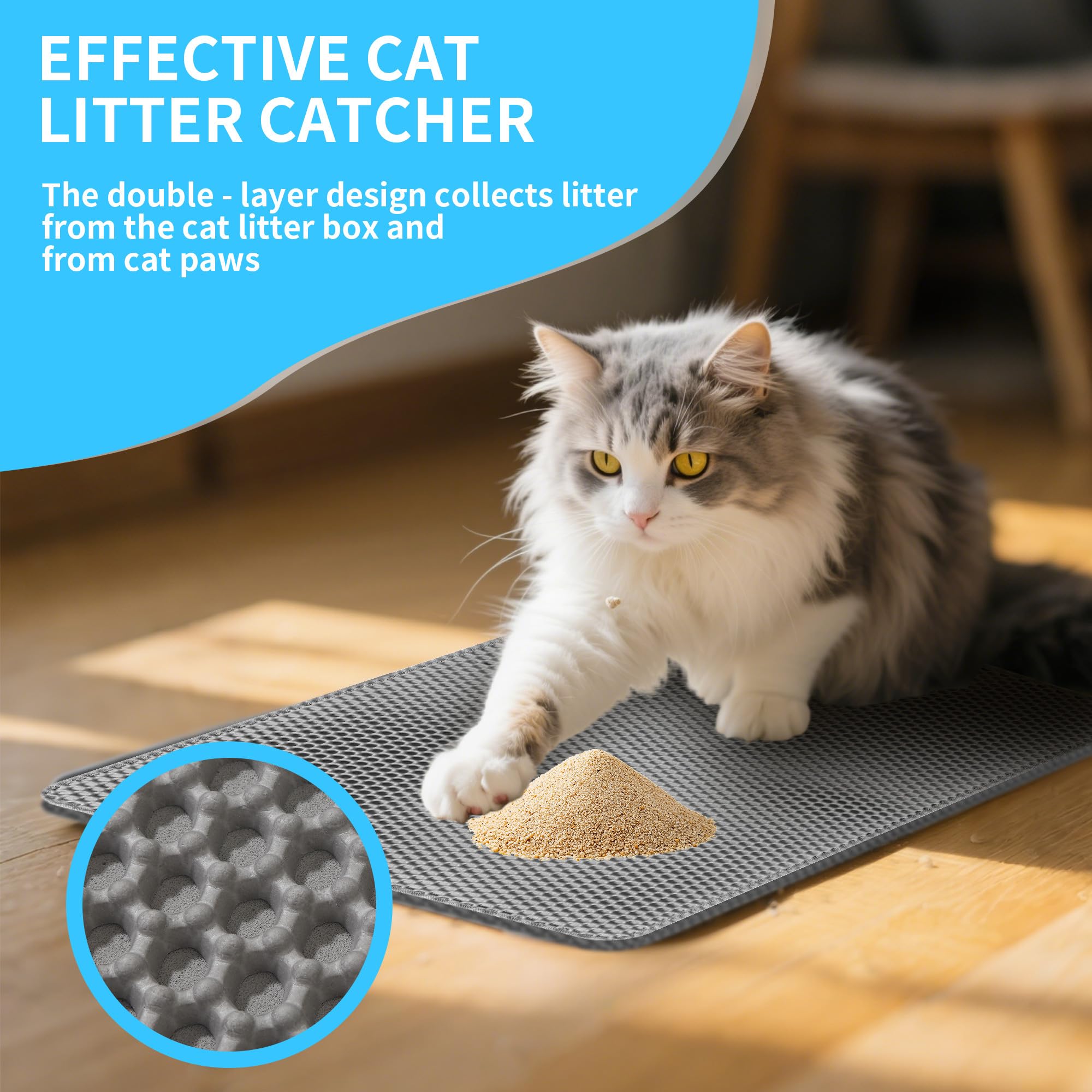 BUCOMTU Tappetino Lettiera, 75X 55 cm Tappeto per Lettiera Gatto Doppio Strato Antiscivolo, Tappeto Gatto Impermeabileda-Raccoglie Efficacemente la Sabbia, Facile da Pulire, Grigio